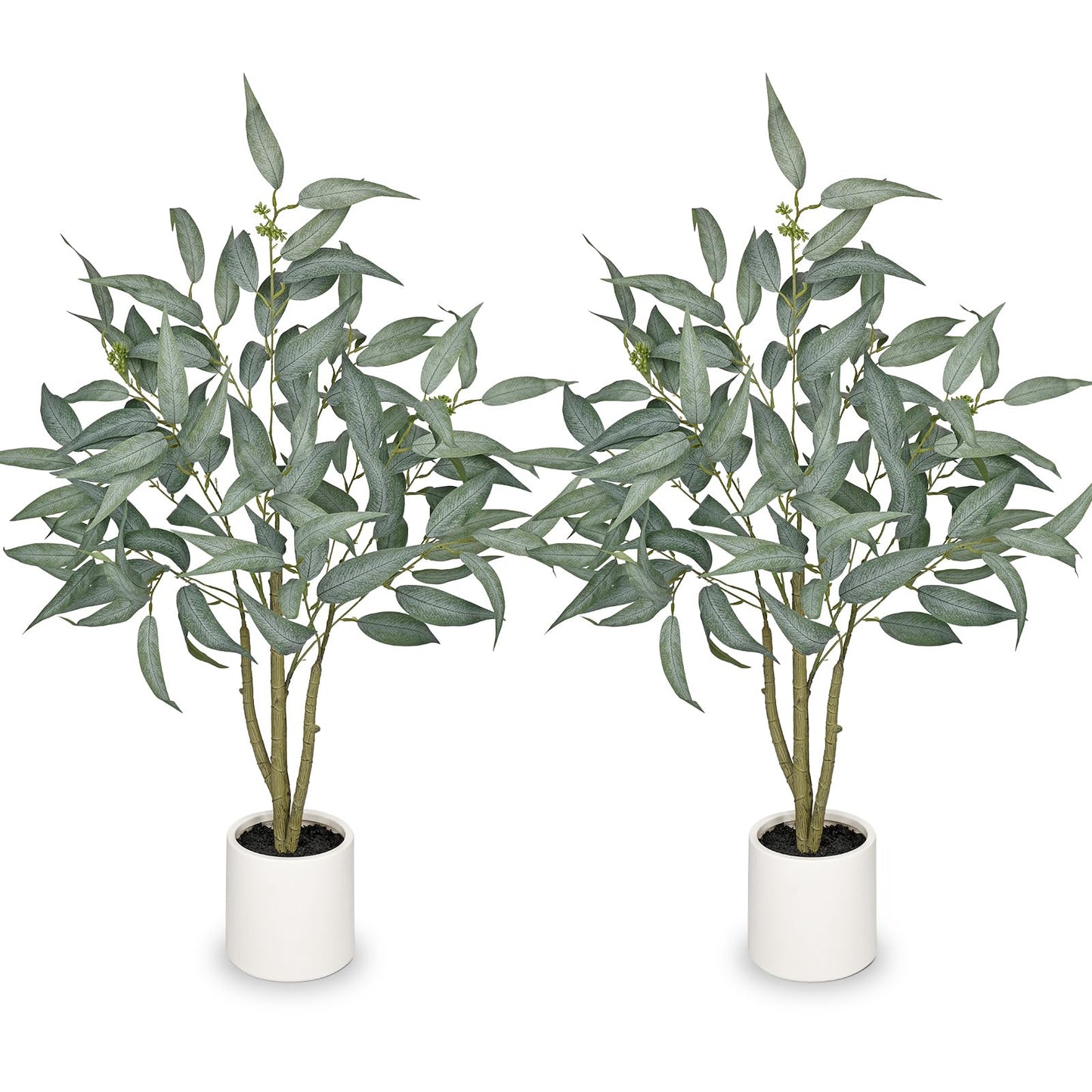 2 Packs Artificial Eucalyptus Tree in White Pot – 3FT Faux Indoor Plant for Home Décor, Modern Greenery for Living Room, Bedroom, Office – Realistic Silk Leaves, Minimalist Planter