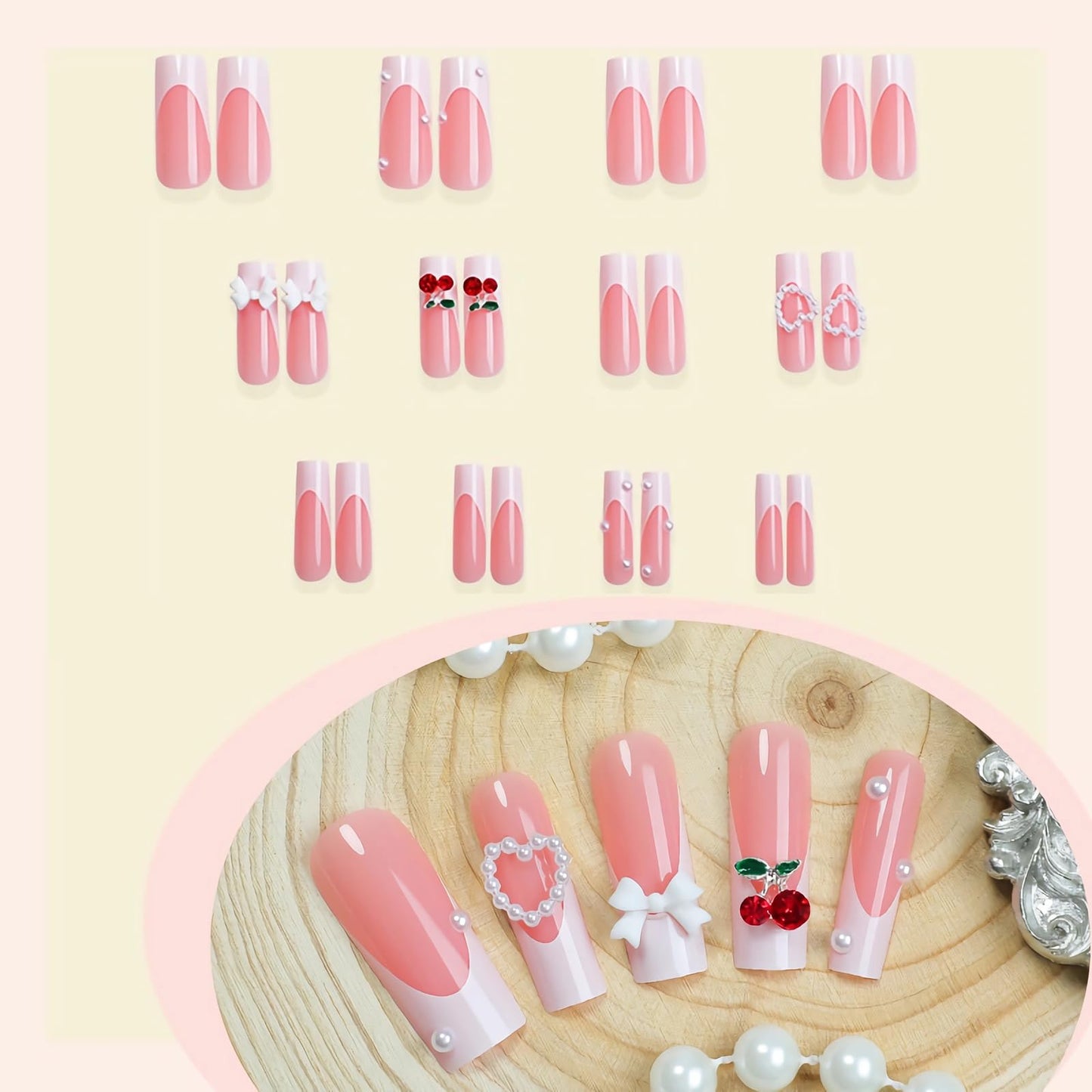 BABALAL Long Square Press on Nails, White French Tip Heart Bow Cherry Charm Acrylic Nails Squoval Glue on Nails 24 Pieces