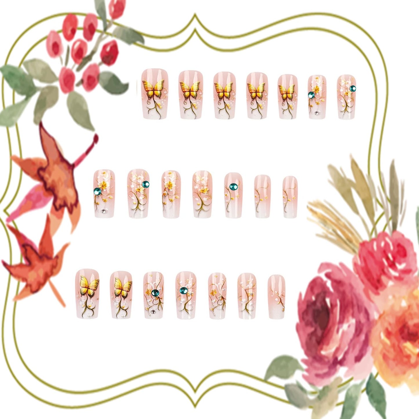 LOPMNGHT Flower Press on Nails Medium Ballet Shaped Glitter Rhinestones Buttefly Pattern Design Gradient Artificial False Nails Full Cover Reusable Glue on Nail for Women Blossom Manicure 24Pcs