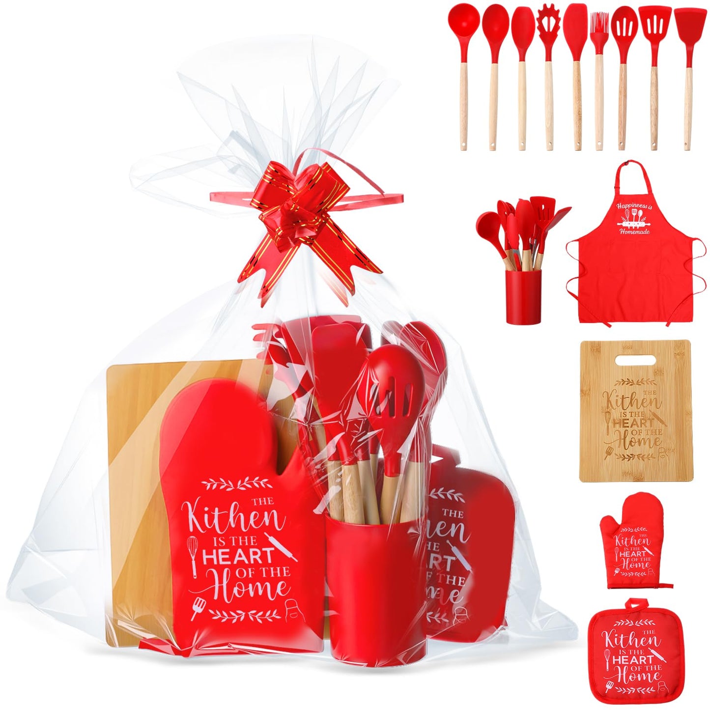 Widecook Christmas Kitchen Gifts Cooking Utensils Set with Holder Apron Pot Holders Oven Mitts Wooden Cutting Board Baking Gift Set Christmas Kitchen Cooking Tools for Baking Supplies Decoration