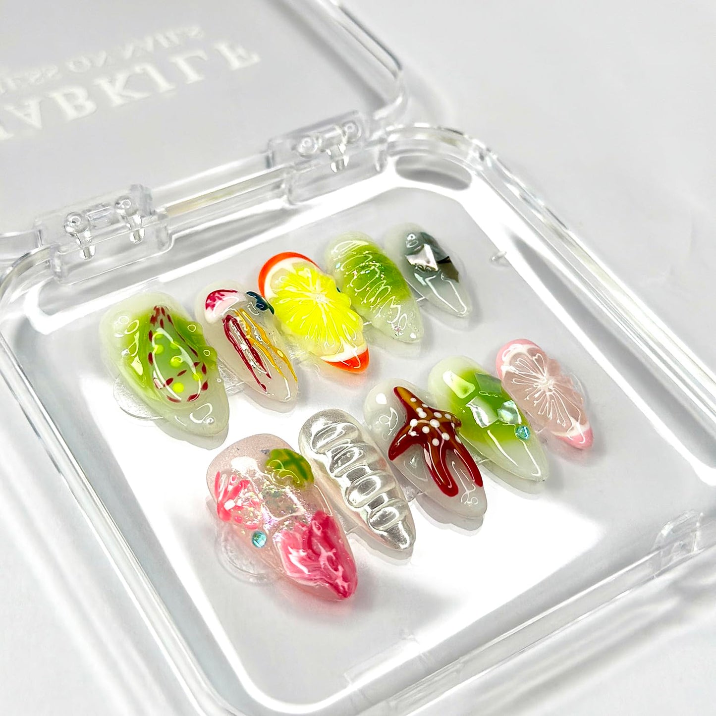 Luxury Press on Nails Medium Almond Handmade 3D Unique Reusable ABS Material Fake Nails French Tip False Nails with Designs Fruit Starfish Art Glossy Glue on Nails Thick Acrylic Nails(M)