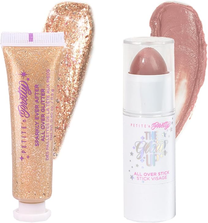 Petite N Pretty Glitter Makeup Set - Shimmering for Eyes, Cheeks, and Body - Glow Up Stick & All-Over Glitter in Pink Sherpa Bag for Kids, Teens, and Tweens (Bronze)