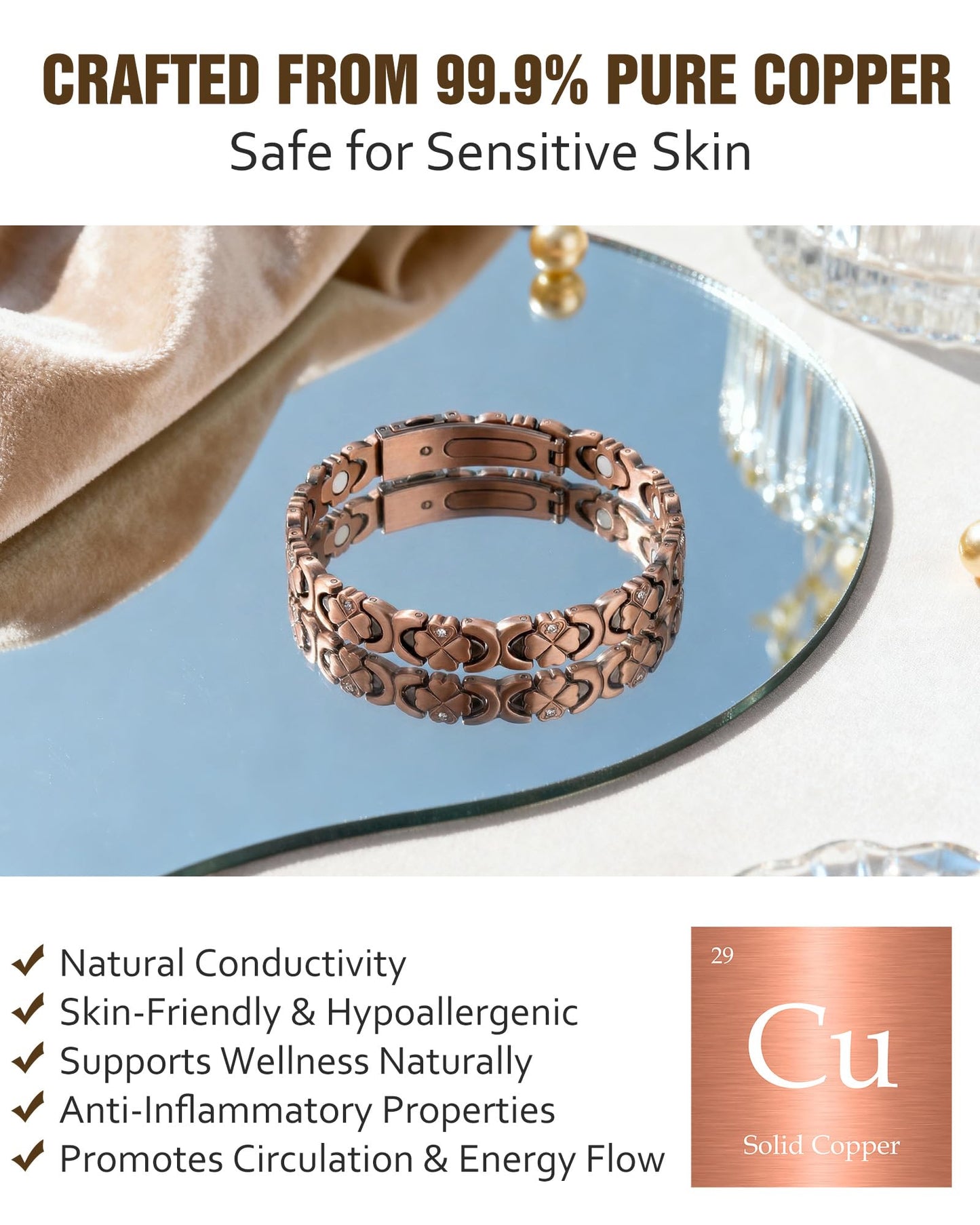 Jecanori Magnetic Copper Bracelet for Women — 3500 Gauss Magnets — Premium Fold-Over Clasp & Adjustable Length,Copper