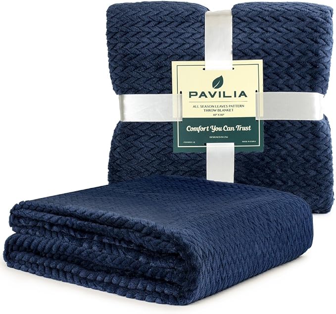 PAVILIA Soft Fleece Navy Blue Throw Blanket for Couch, Lightweight Plush Warm Blankets for Bed, Fuzzy Cozy Flannel Blanket Throw for Sofa, Travel, Jacquard Pattern, Navy Blue, Twin, 60x80 inch