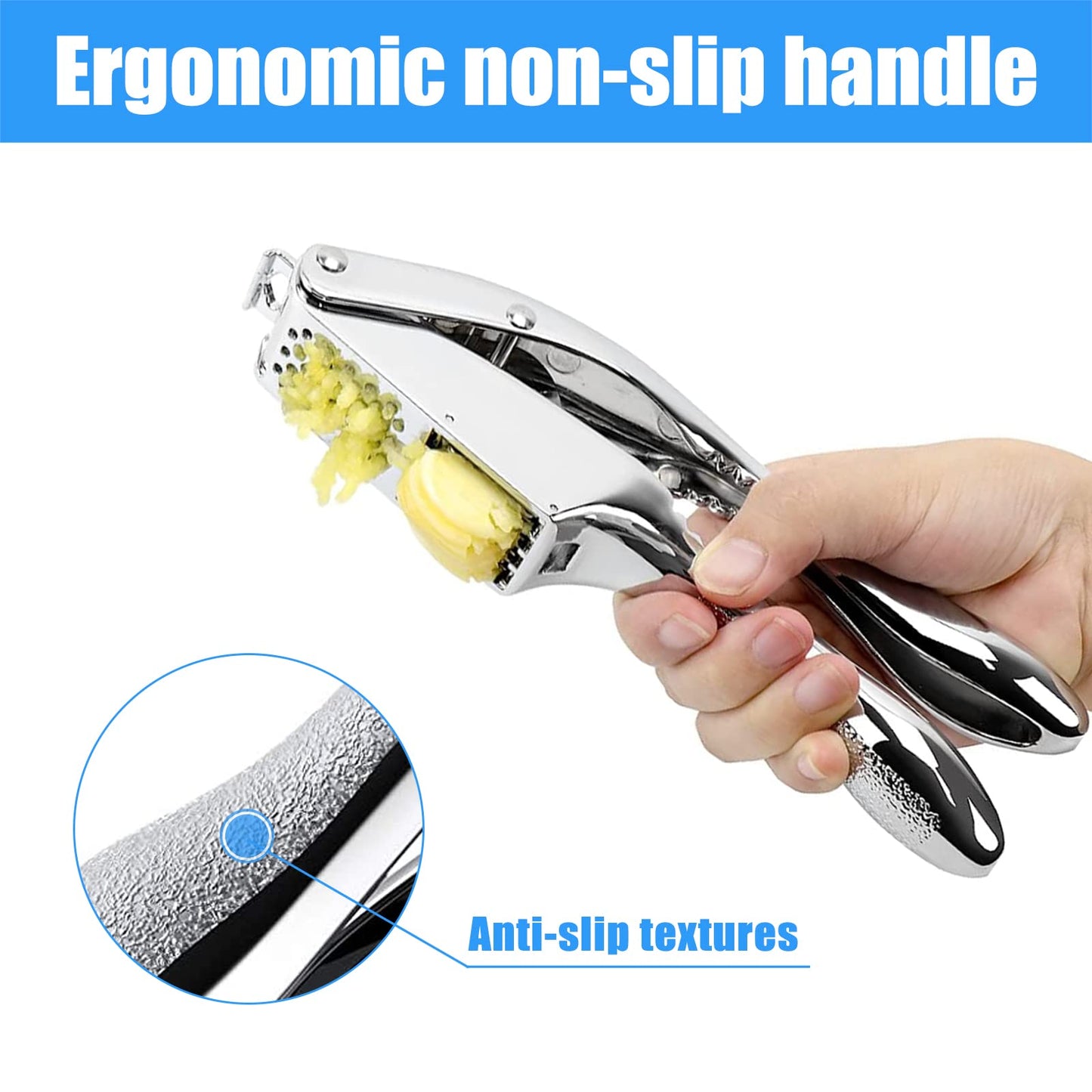 2-in-1 Garlic Cutter Stainless Steel Garlic Press with Ergonomic Non-Slip Handle for Fresh Garlic Ginger Nut Easy to Use & Clean
