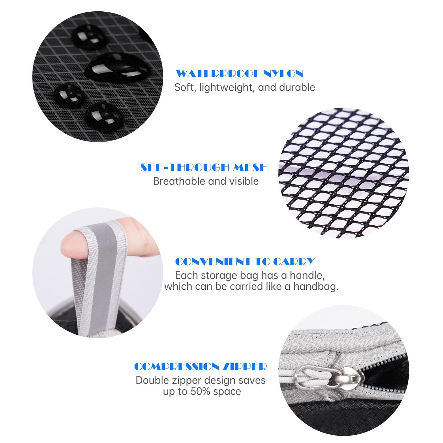 NiHome 7PCS Compression Packing Cube Set Expandable Mesh Travel Bag Luggage Organizers with Electronic Cable Cord Charger Organizer Drawstring Bag for Trip Home Storage Travel Gear Accessories (Black)