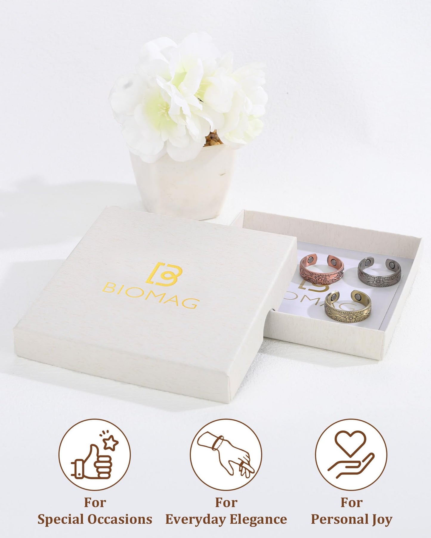 BioMag Magnetic Lymphatic Drainage Ring Set, 3 Pcs 99.99% Pure Copper Rings for Women with 3500 Gauss Magnets, Adjustable Size, Floral Branch and Leaf Pattern
