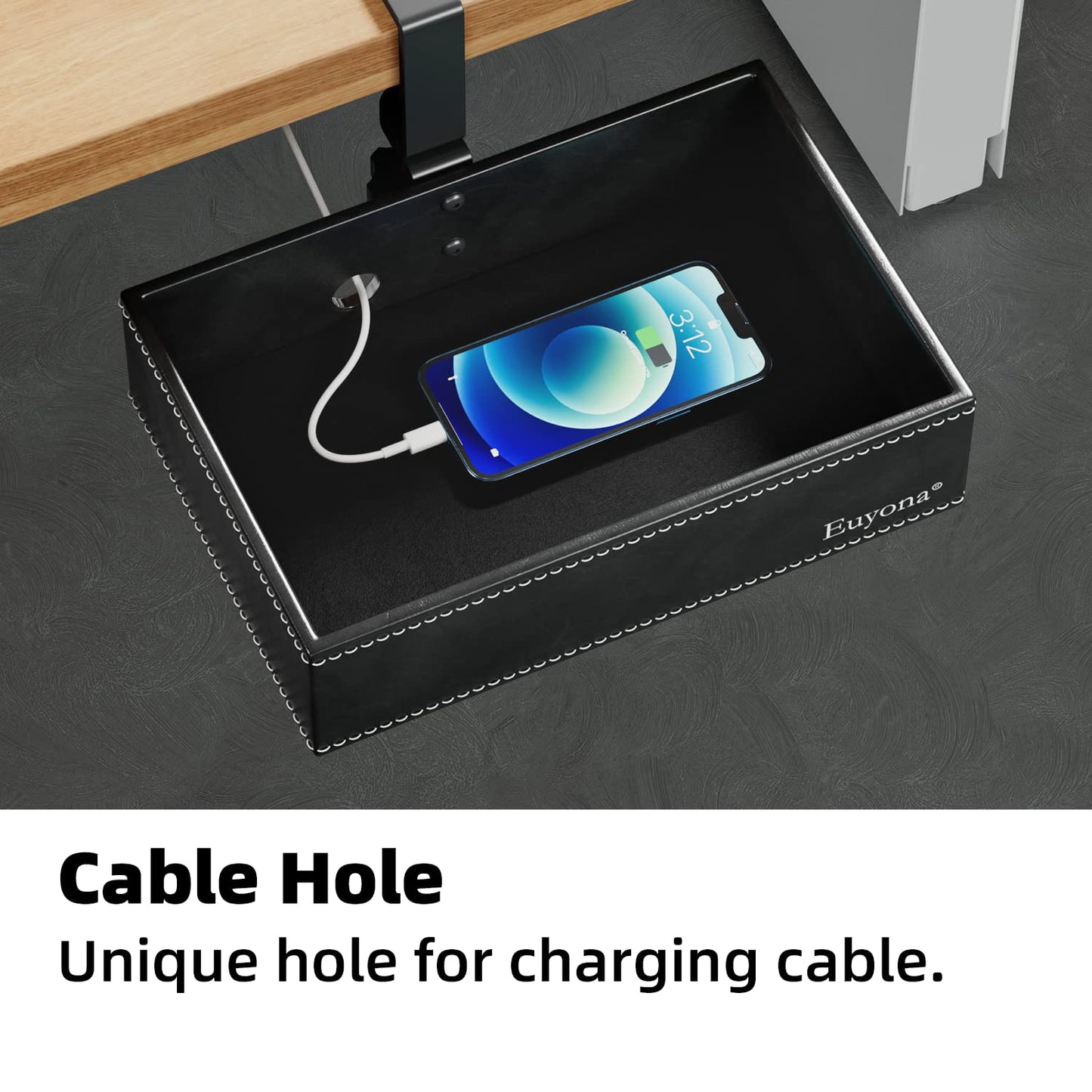 Euyona PU Leather Under Desk Organizer with 360° Rotating Clamp – for Computer Accessories, Stationery, Remote Control & Phone Storage, Black