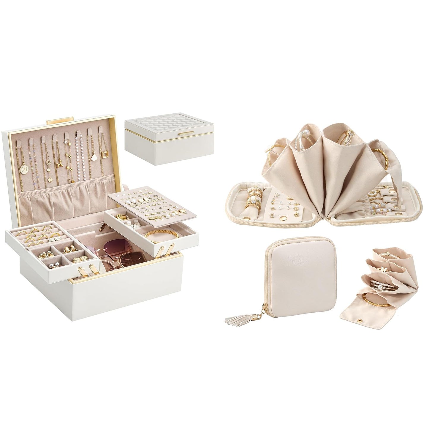 Lolalet Cream 2 Layer Jewelry Box Organizer and Cloud White Travel Jewelry Case Organizer Bundle, Jewelry Storage and Travel Solution