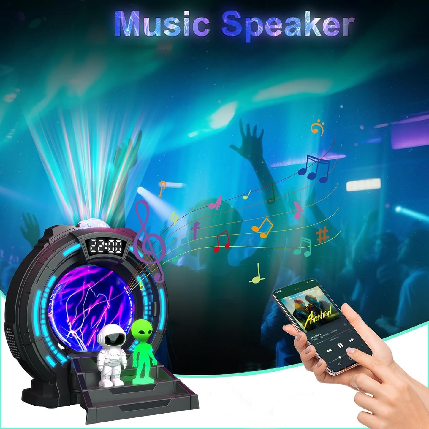 Northern Lights Projector with Plasma Ball Lamp, White Noise, Music Speaker, Alarm Clock & Remote, Stargate Astronaut Galaxy Aurora Night Light Projector for Bedroom Gaming Birthday Valentines Gifts