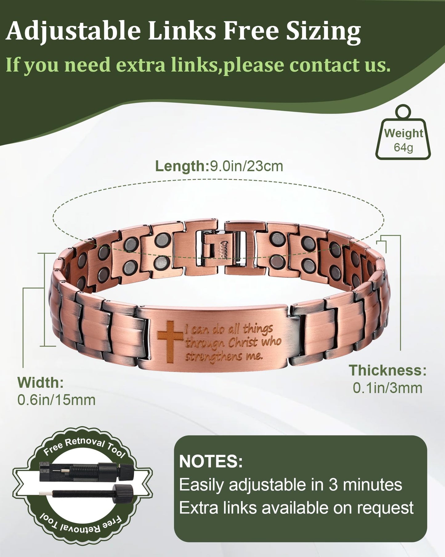 Fashtour Copper Cross Bracelet for Men - Ultra Strength Magnetic Mens Cross Jewelry Set - Adjustable Magnetic Bracelet with Sizing Tool Jewelry Box(Copper&Philip 4:13)