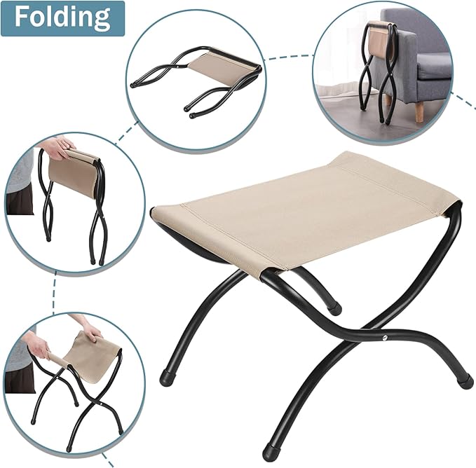 15" Foldable Foot Stool Ottoman with Metal Frame - Washable Red Upholstered Indoor/Outdoor Footrest for Living Room, Bedroom, Patio - Space-Saving Compact Design