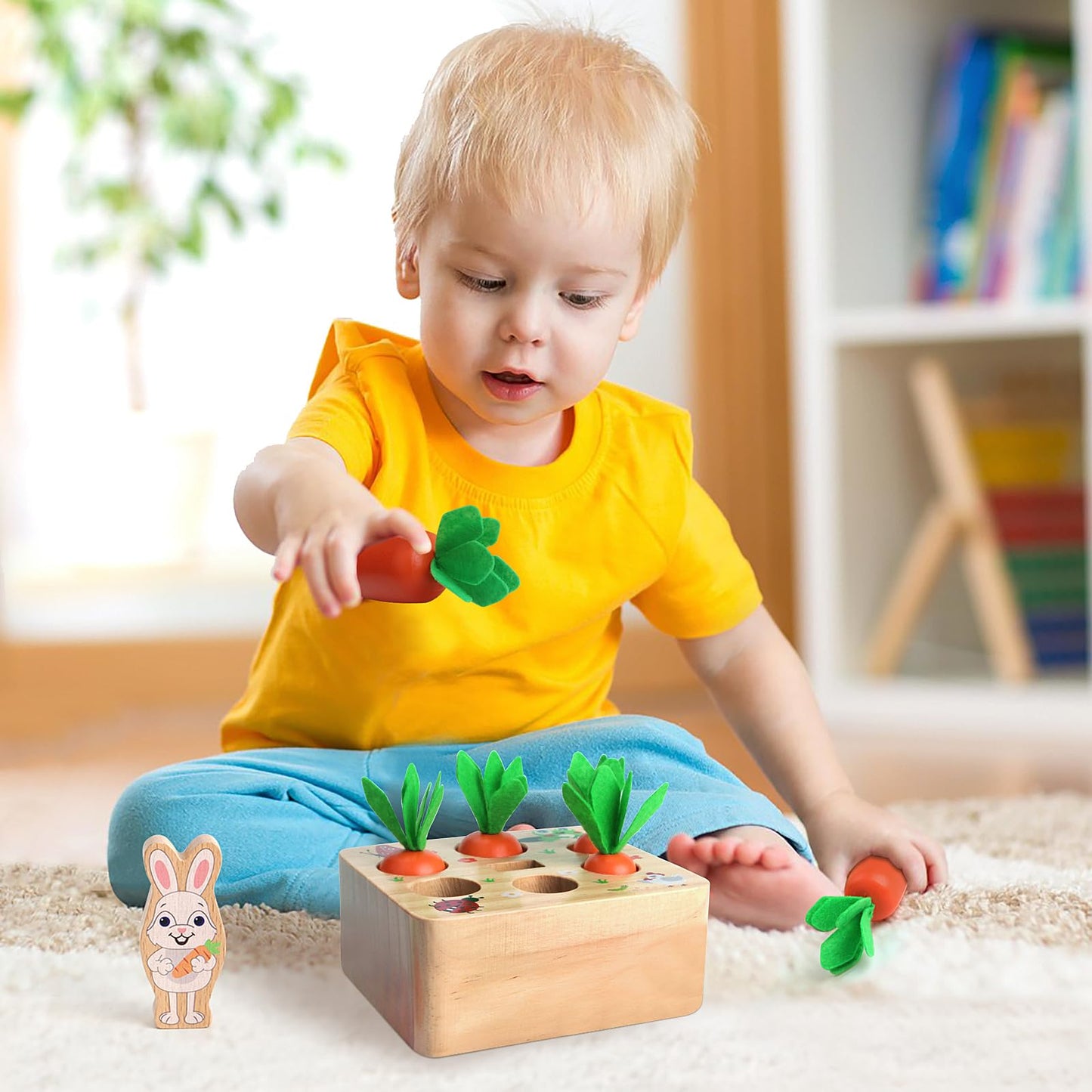 SKYFIELD Carrot Harvest Game Wooden Shape Sorting Puzzle for Baby Boys and Girls 1-3 Years, Montessori Gift Toy with 7 Sizes Carrots