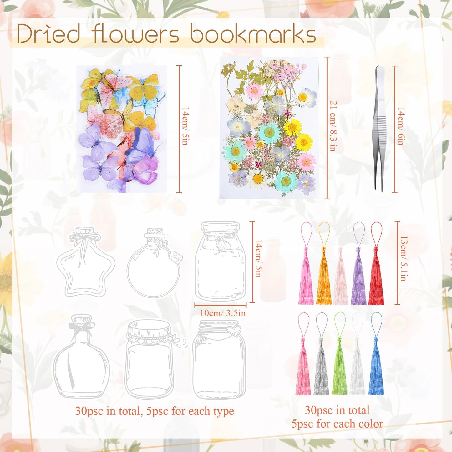 TaoBary 152 Pcs DIY Transparent Dried Flower Bookmark Set Handmade DIY Bookmarks with Dried Pressed Flowers Leaves Butterfly Stickers Colorful Tassels and Tweezers for Reader Writer(Macaron Color)