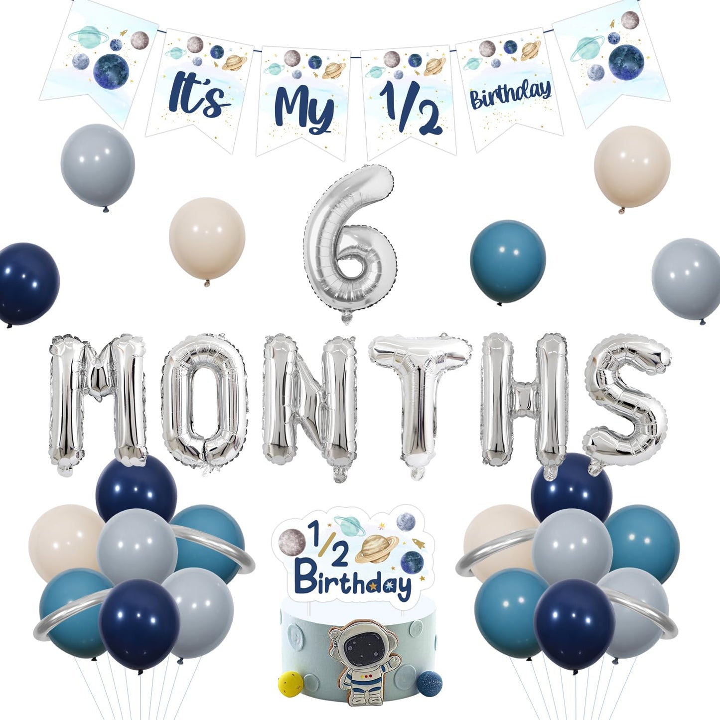 Half Way Around The Sun Birthday Decorations, Outer Space Theme It's My 1/2 Birthday Banner 1/2 Birthday Cake Topper 6 Month Balloons Kit for Astronaut Solar System Planet 1/2 Birthday Supplies