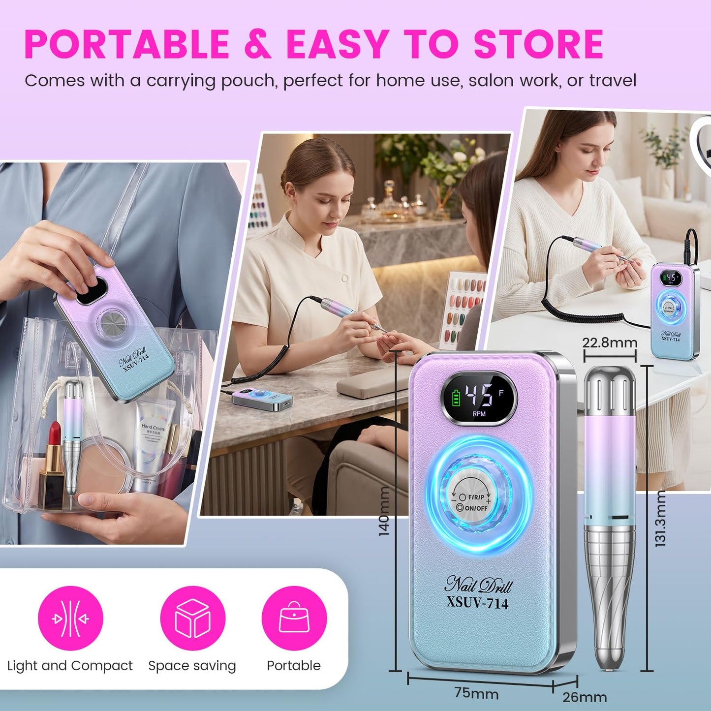 Electric Nail Drill Professional 45000RPM,Portable Drill Nails Machine with LED Display for Salon and Home Use,Rechargeable Electric Nail File Kit for Manicure Pedicure Polishing Acrylic