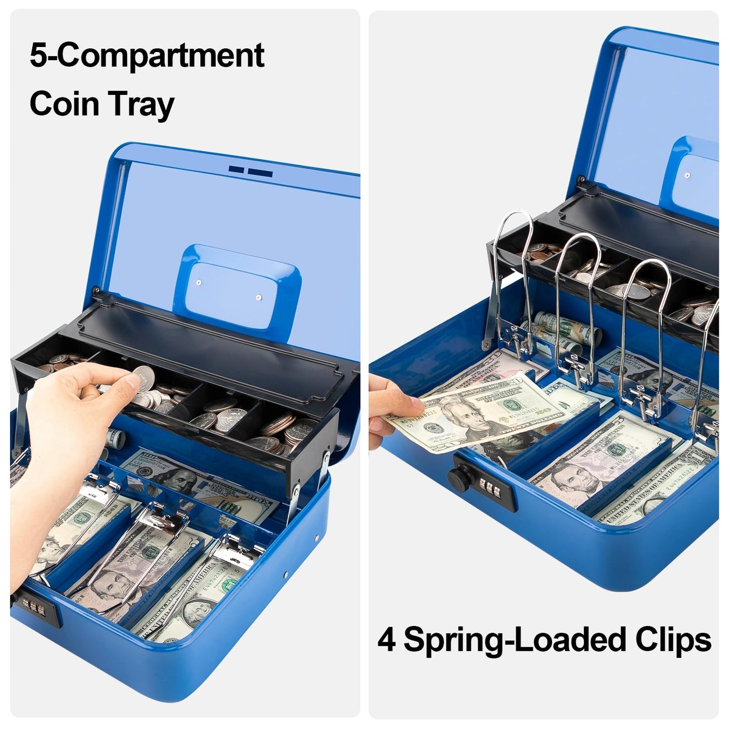 Jssmst Locking Metal Cash Box with Coin Lid, 11.8L x 9.5W x 3.5H Inches, Safe Money Box with Combination Lock, Blue, SM-CB0514BL