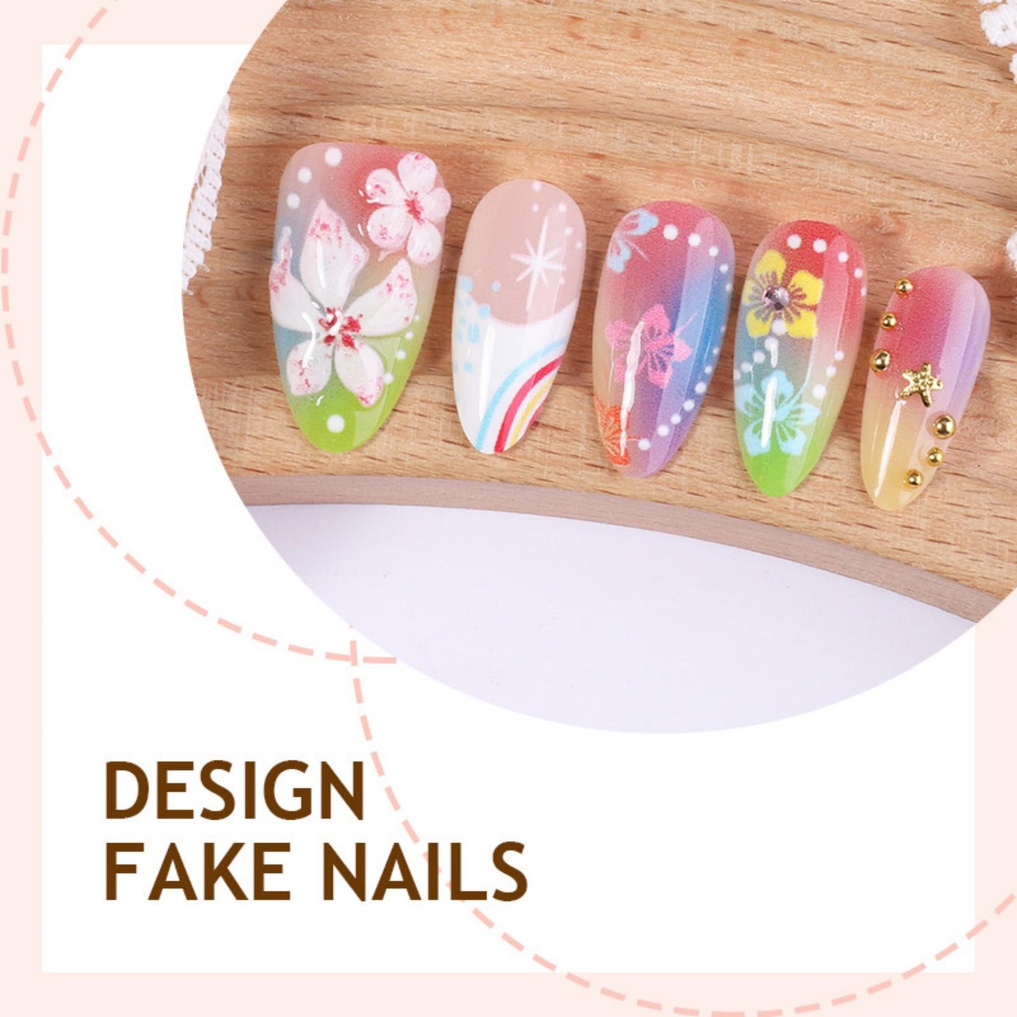 Medium Press on Nails Almond Fake Nails Colorful Artificial Nail Tropical Flower Dolphin Rainbow Gradient Star Dot Summer Beach Design Stick on Nail for Women 24pcs