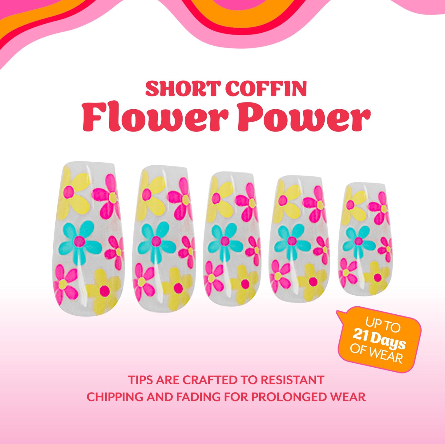 RC Red Carpet Manicure Gel-On Designed Tips - Full Coverage, Flexible, Break-Resistant, 21-Day Wear, UV/LED Cured Gel Adhesion for Natural Look (Flower Power Short Coffin)