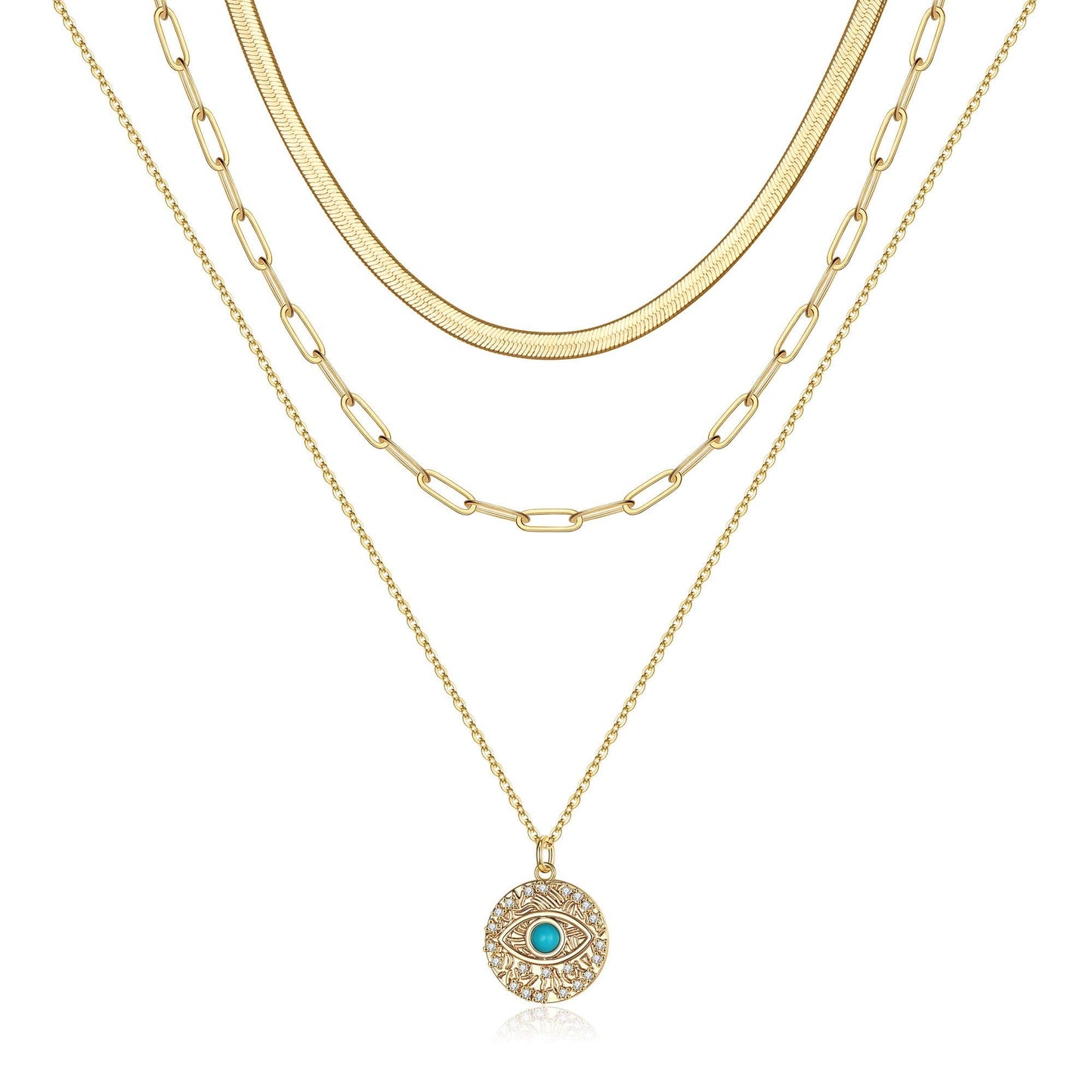 Turandoss Layered Evil Eye Necklace for Women, Layered Snake Evil Eye Necklace Layering Evil Eye Link Chain Necklaces for Women