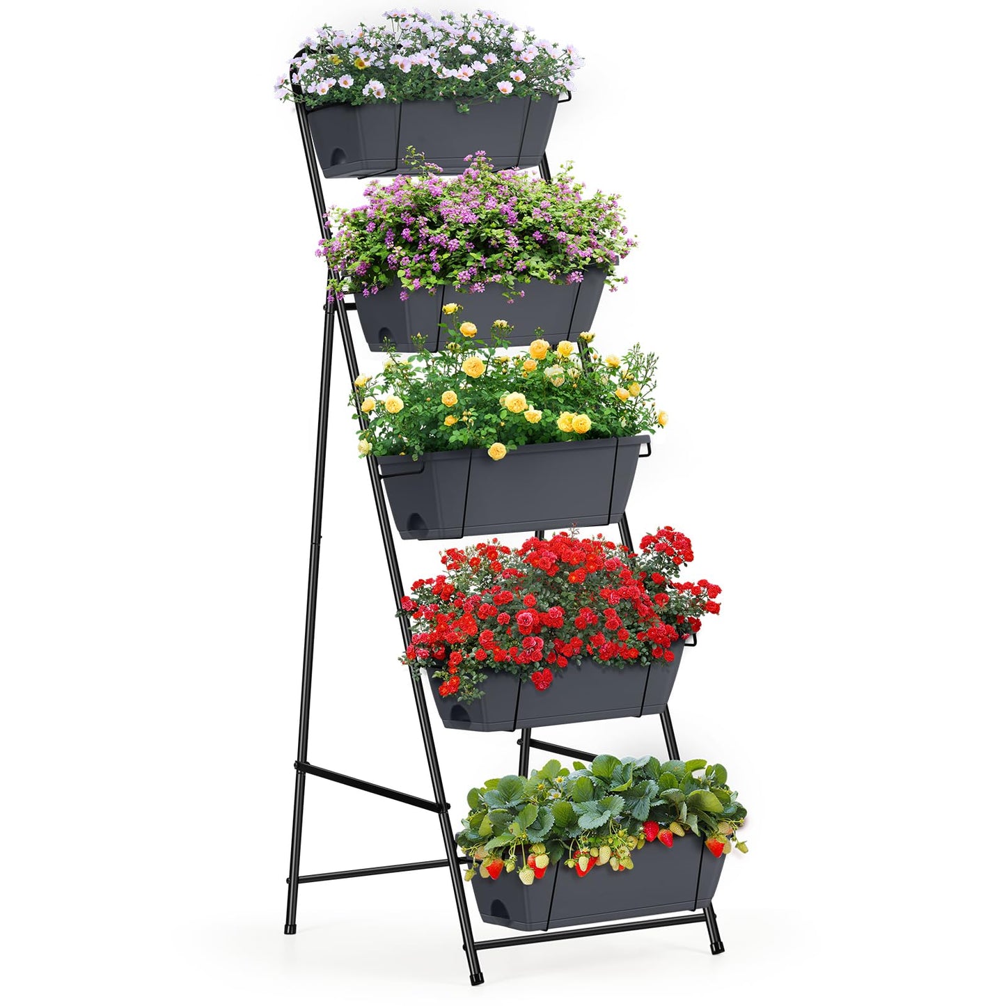 Raised Garden Bed 5 Tier Vertical Planter Standing Herb Garden Elevated Box With Drainage Holes Tall Planters for Outdoor Plants Vegetables Flowers Grey