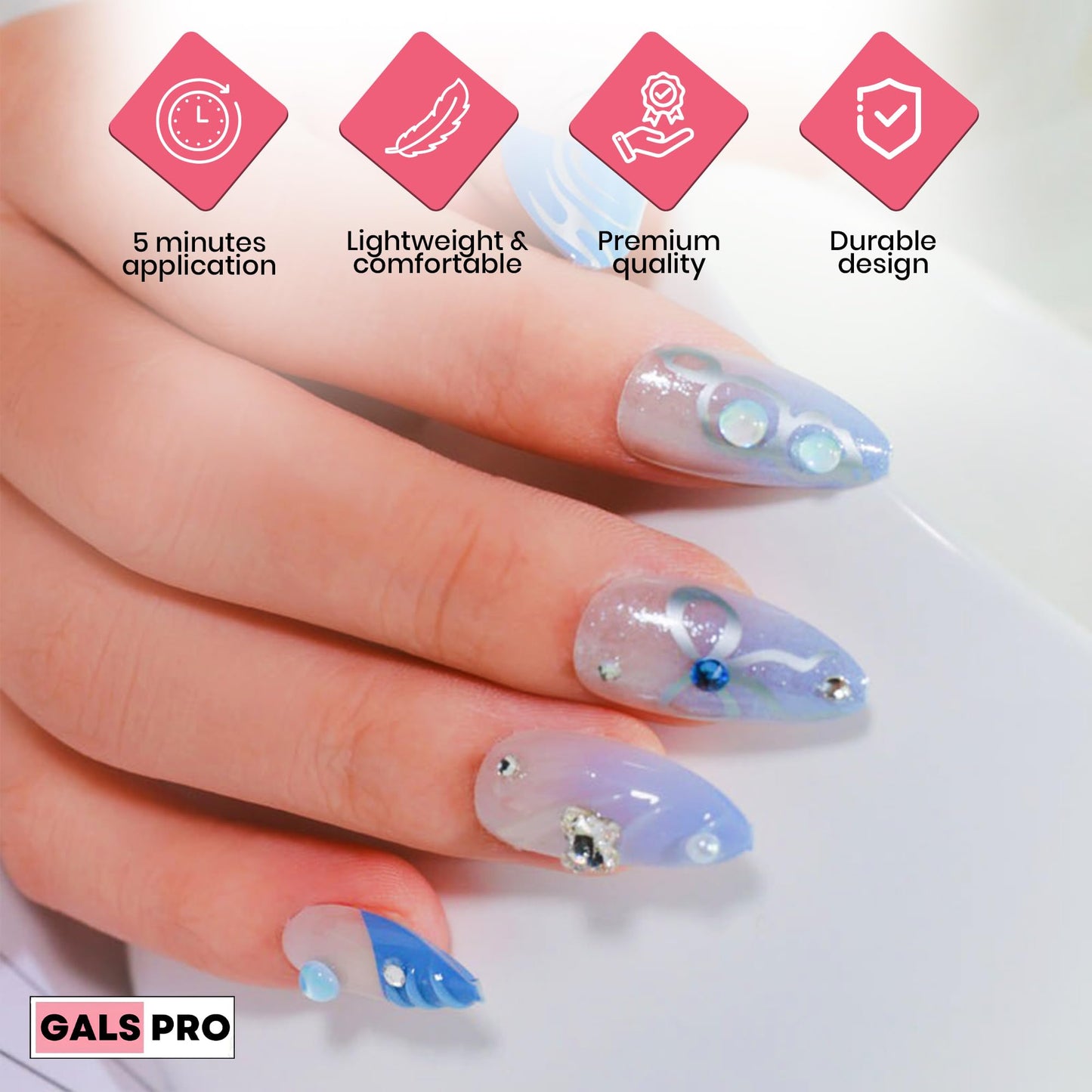 GALSPRO Medium Press on Nails - Set of 24 Fake Nails with Designs in 12 Different Sizes for Perfect Fit, Cute False Nails Kit for Women with 0.07oz Nail Glue, A Double Sided Nail File & Cuticle Stick
