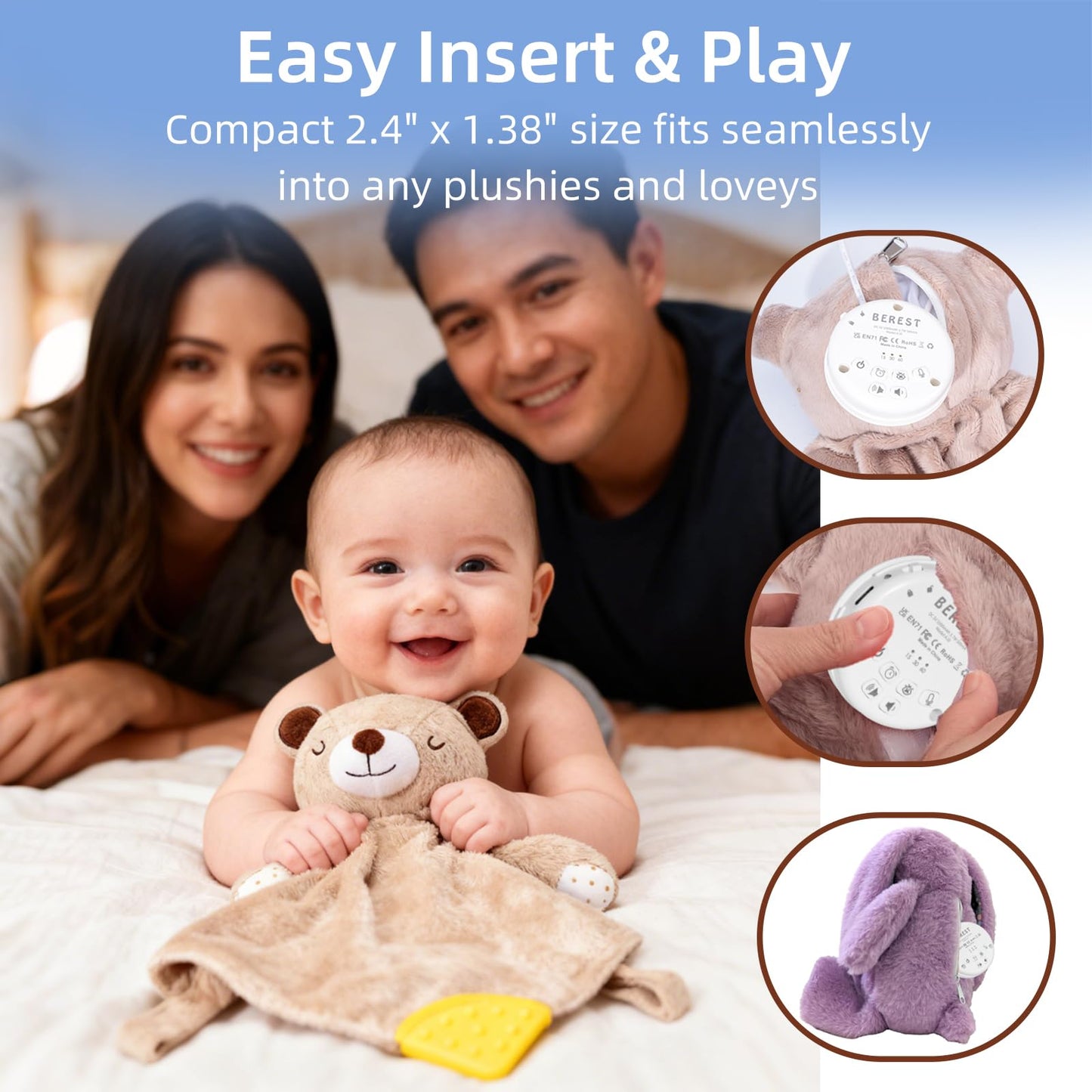 BEREST A10 Baby Lovey Music Box with 10 Soothing White Noise Sounds: Heartbeat, Lullabies, Shushing| Cry Sensor| Timer| Recording| Rechargeable Sleep Soother for Newborns| Plush Toy Insert| Baby Gift