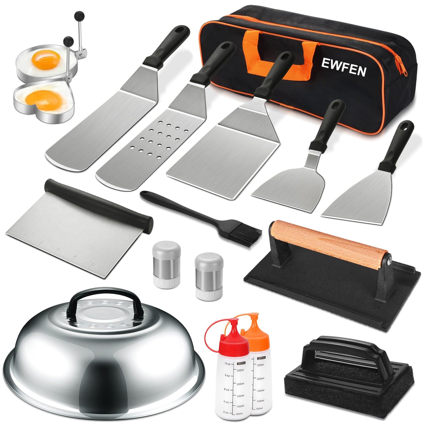 18PCS Griddle Accessories Kit, Flat Top Grill Accessories Set for Blackstone and Camp Chef, Grill Spatula Set with Enlarged Spatulas, Basting Cover, Scraper for Outdoor BBQ