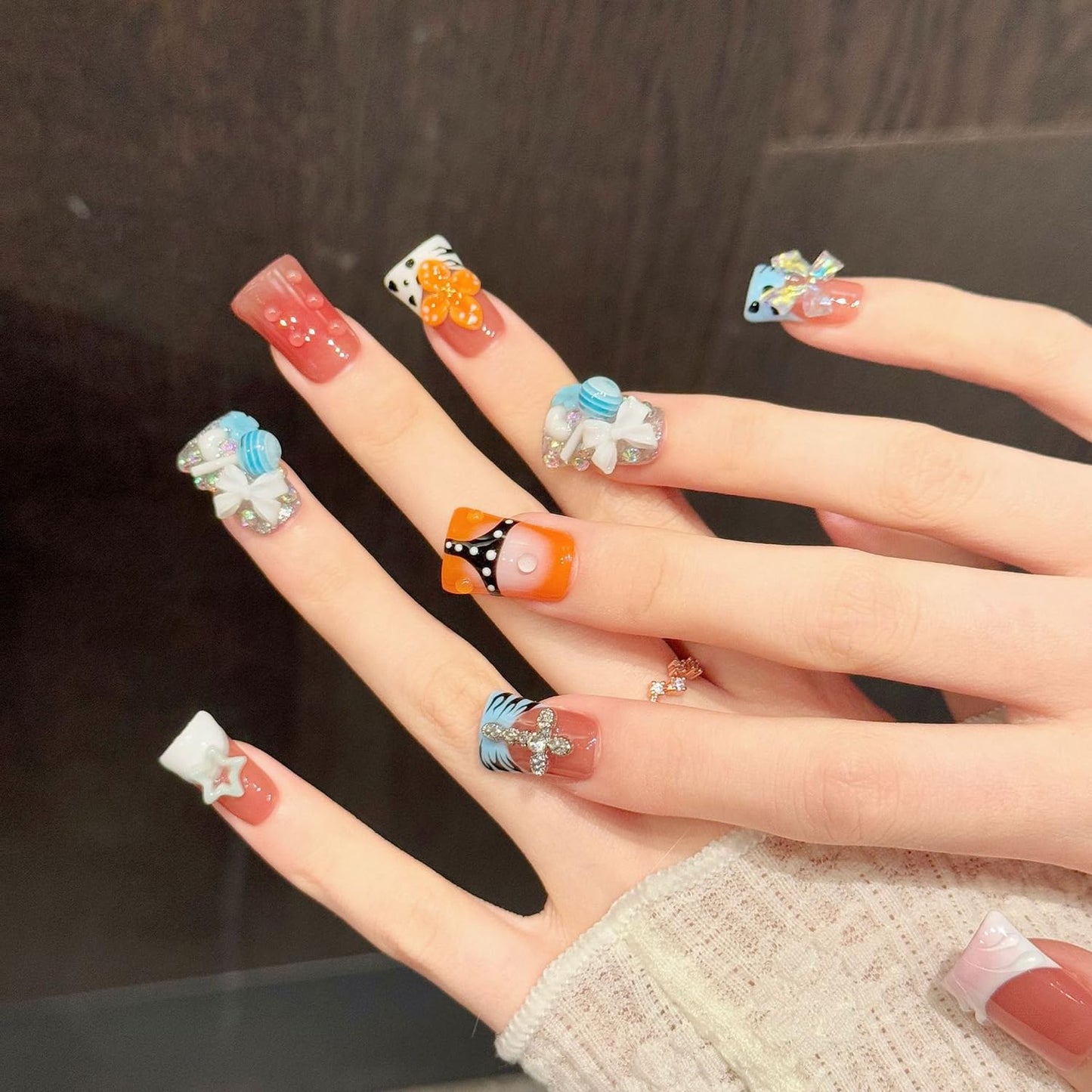 Press On Nails Handmade Short Duckbill Nails, 3D Lollipop Glossy Art Designs Reusable Acrylic Artificial Stick On Nails,False Nails Set (10 Pcs Size S)