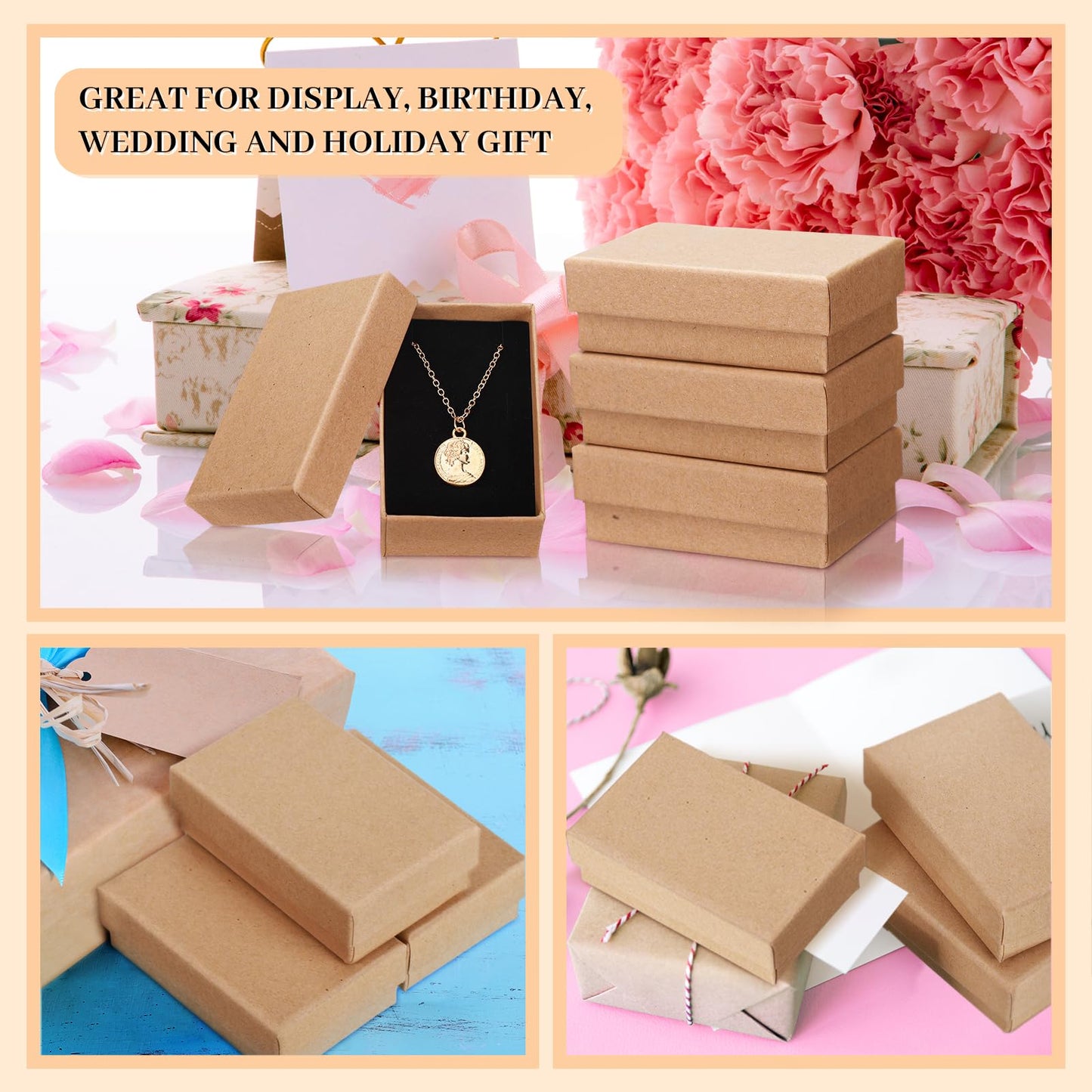 Tenceur 100 Pcs Jewelry Gift Boxes Bulk Kraft Jewelry Cardboard Box for Necklace Earring Bracelet Storage Package(Brown,3.2x2x1.2in)