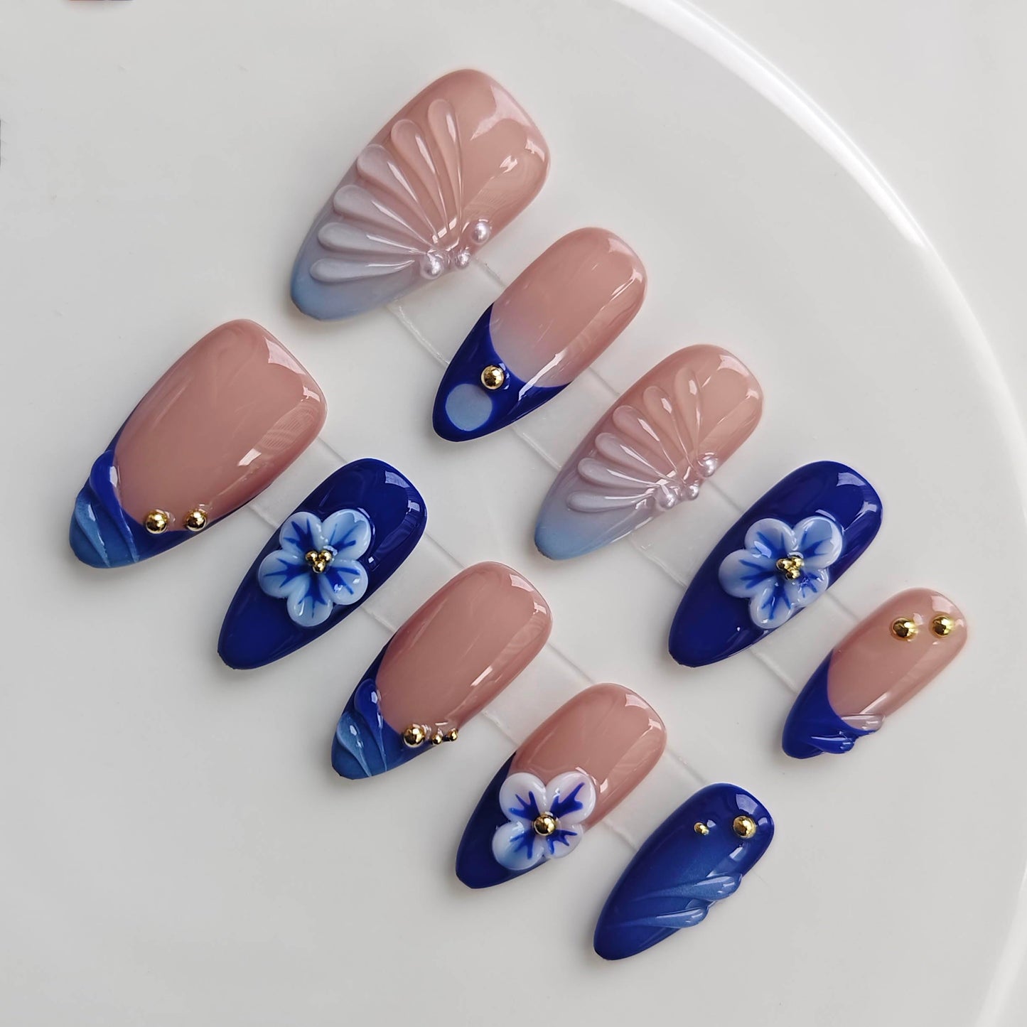 Gleamrain Almond Medium Handmade Press on Nails for Women, Handcrafted Floral Design Reusable Full Cover Fake Nail for Daily Wear Party Birthday D302