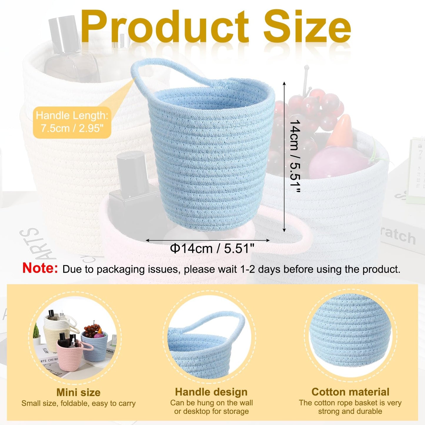 uxcell Blue Small Cotton Rope Woven Storage Basket, Shelf Closet Storage Gift Woven Baskets Cute Nursery Box Bin Decor Organization Bin for Home Supply, Round with Handle, 5.6x5.6