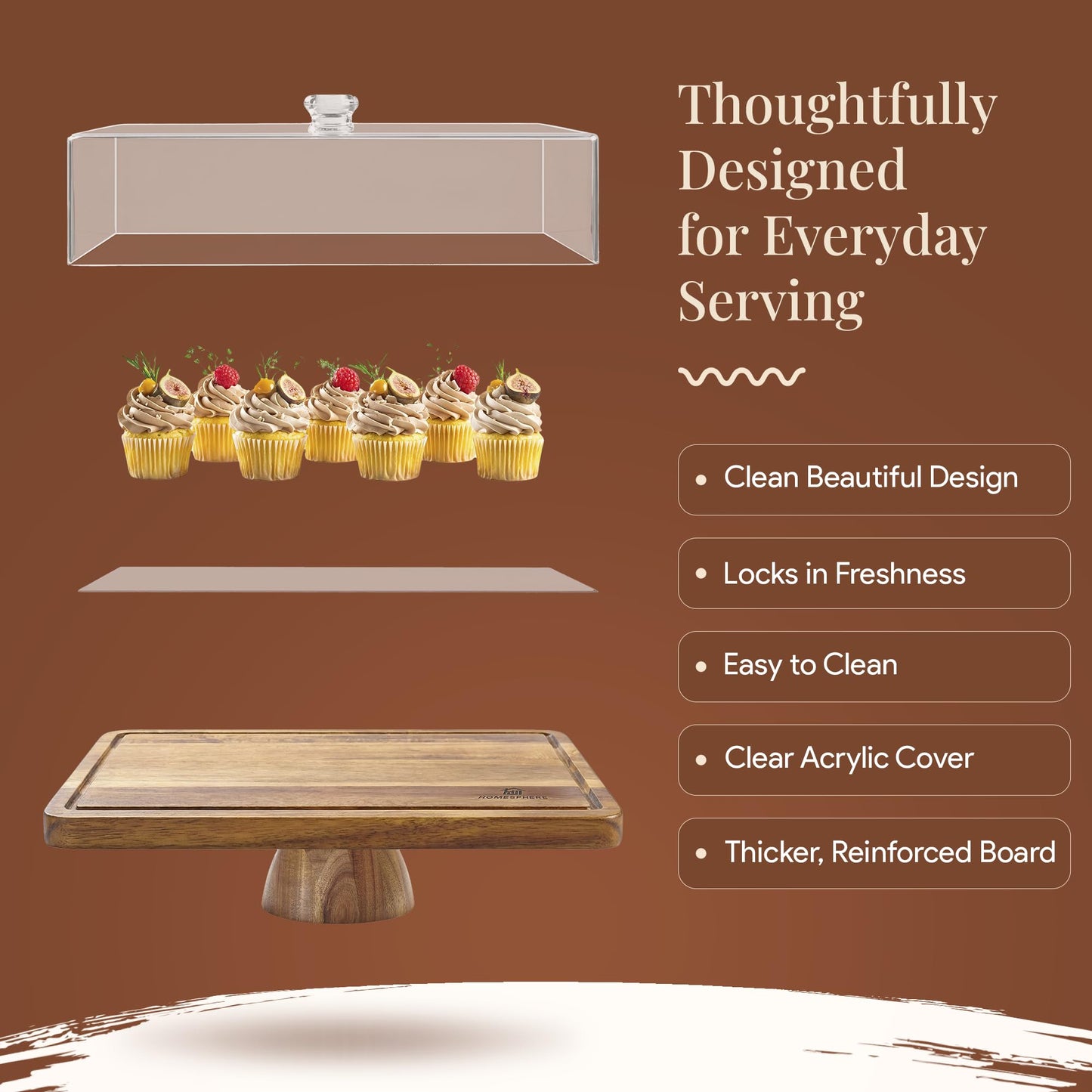 HOMESPHERE Acacia Wood Cake Stand with Lid - Rectangular Cake Holder, 2-in-1 Dessert Table Display Set & Charcuterie Board for Cheese, Chips, Fruit Platter, Large Acrylic Cake Dome Cover, No Glass