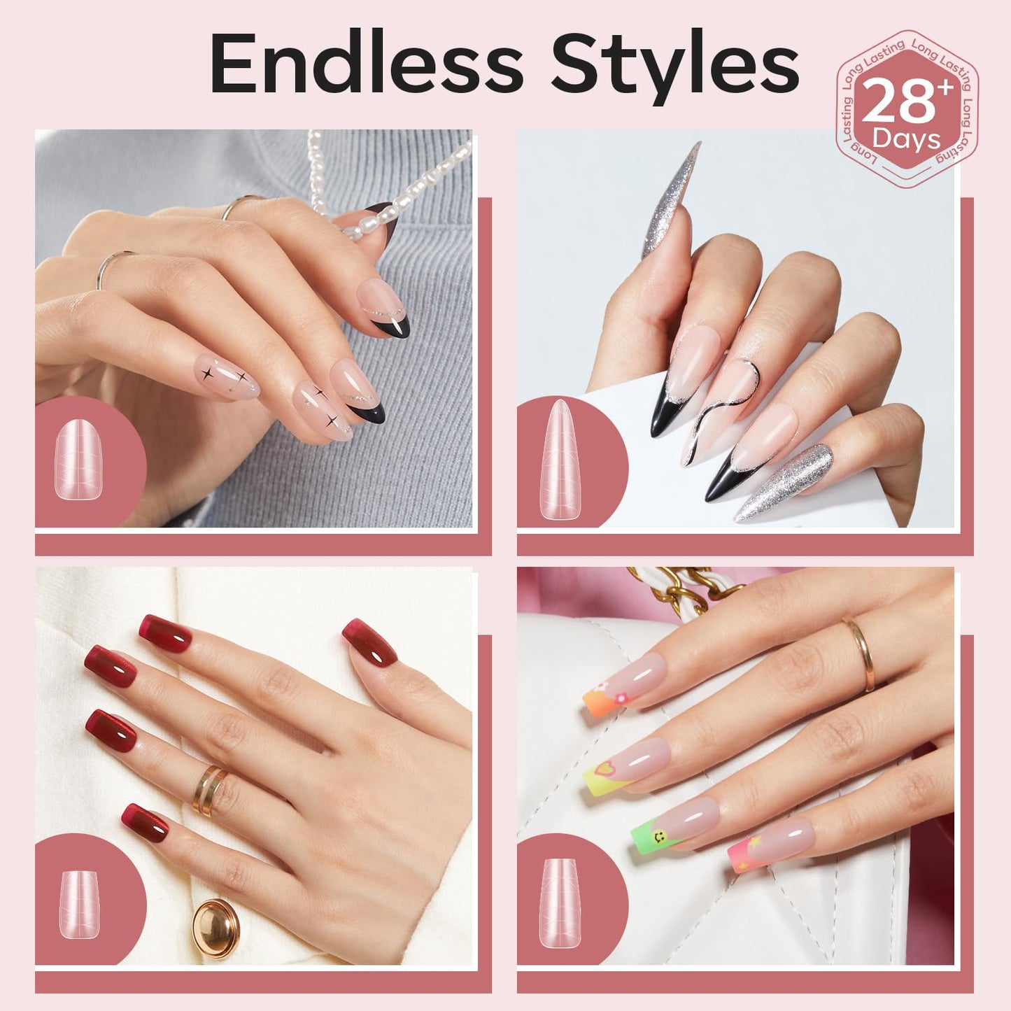 modelones Long Almond Guiding Line Nail Tips, Stiletto Soft Gel Tips Fake Nails False Acrylic Extensions Seamless Accurate Positioning Scale Line, Full Matte Professional Nail Salon 216PCS 12Sizes
