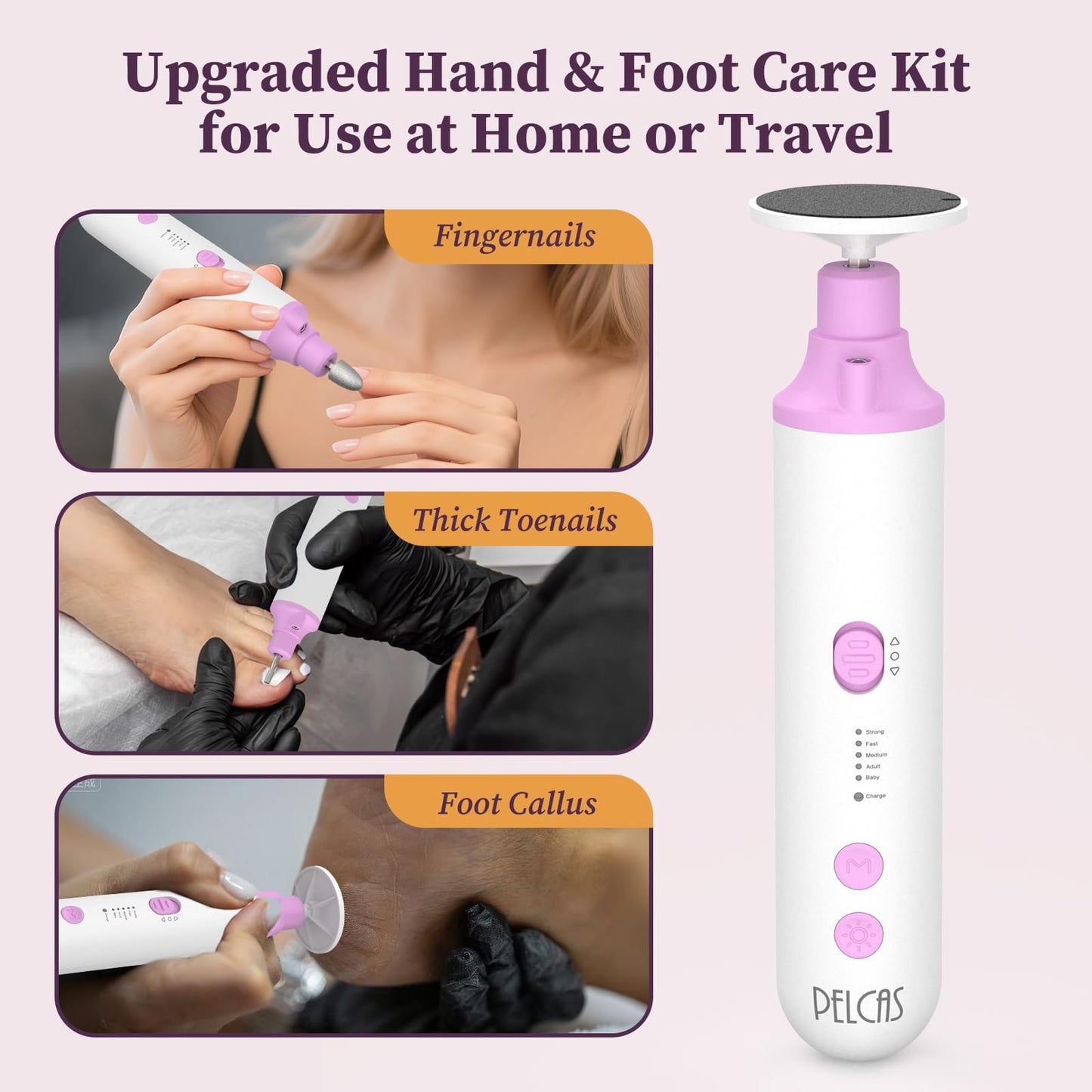 PELCAS Toenail Grinder for Thick Toenails 8 in 1 Manicure & Pedicure Kit, 5 Speeds Cordless Nail Drill with LED Light Electric Foot Callus Remover for Foot Callus, Thick Nails, Finger Nails Pink