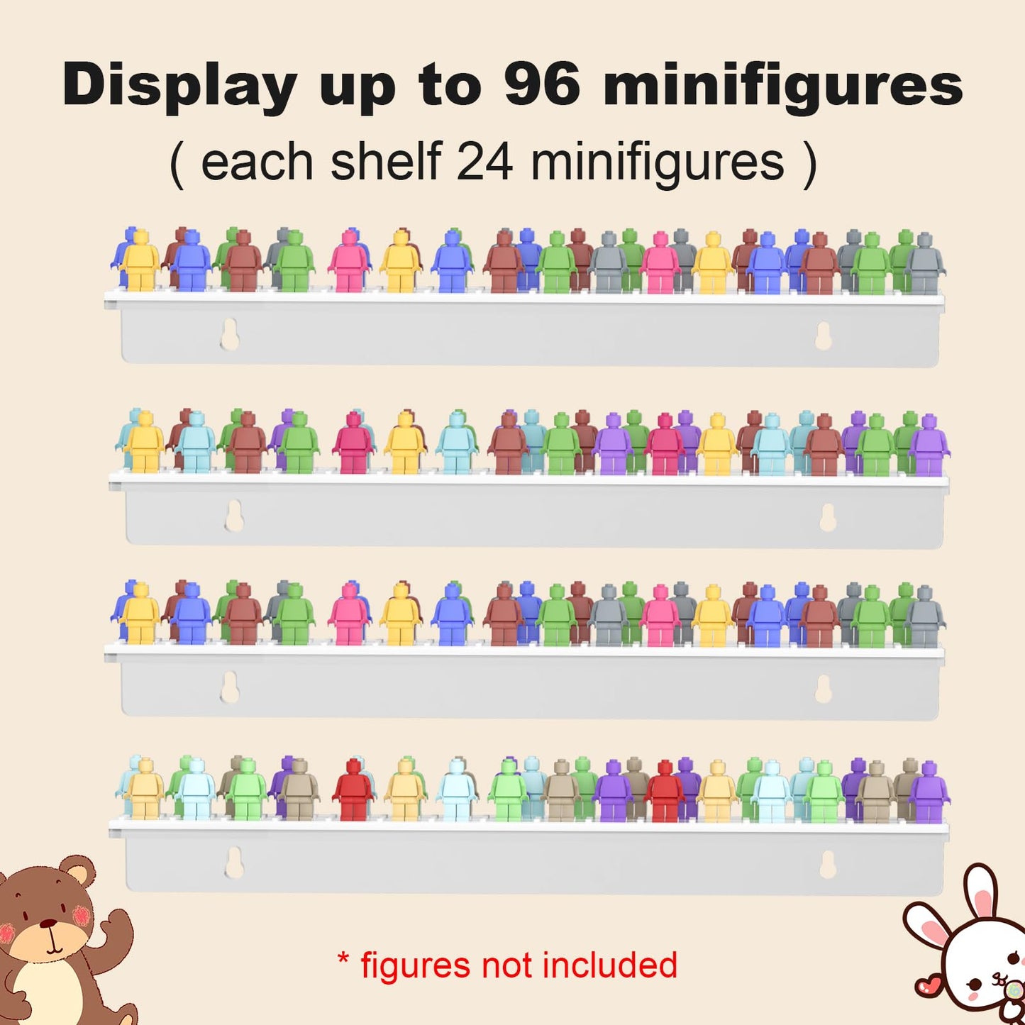 ACRYDECOR 4Pack Acrylic Minifigure Display Case Holds Up to 96 Figures, Wall Mount Acrylic Floating Shelf Display With Brick Building Baseplates