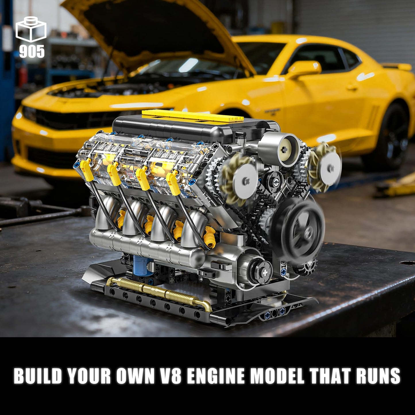 BseSparklion V8 Engine Model Kit that Runs, Visible Mini Car Motor Building Blocks Set for Adults, Compatible with Lego, STEM Physical Science Educational Toy for Teens Boys 14+ (905 PCS)