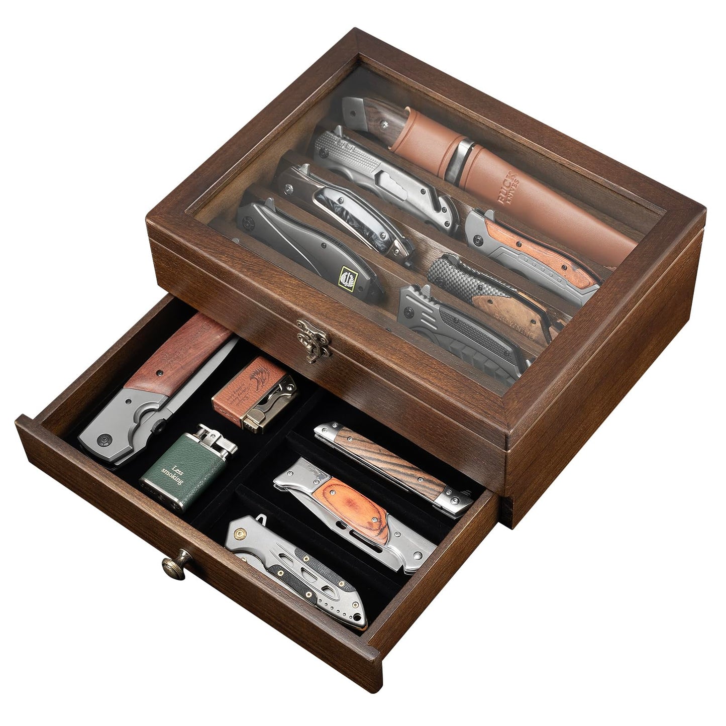 Knife Display Case Knife Collection Display Holder with Glass Lid, 2-Layer Wooden Pocket Knife Case with Drawers