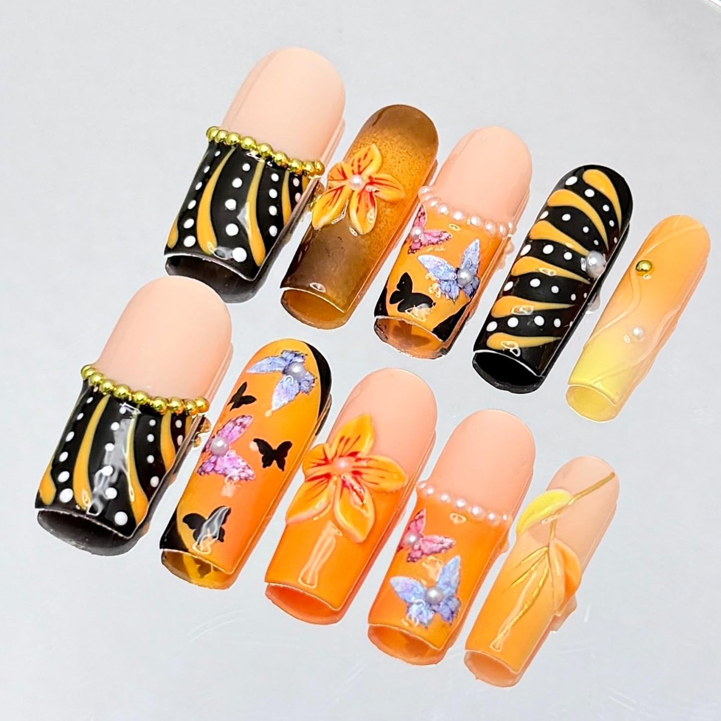 Handmade Nails French Press on Nails Long Square Fake Nails with Glue,Glitter Butterfly False Nails with 3D Flower Designs Orange Thick Nails Reusable Nature Stick on Nail for Wome (Size S)