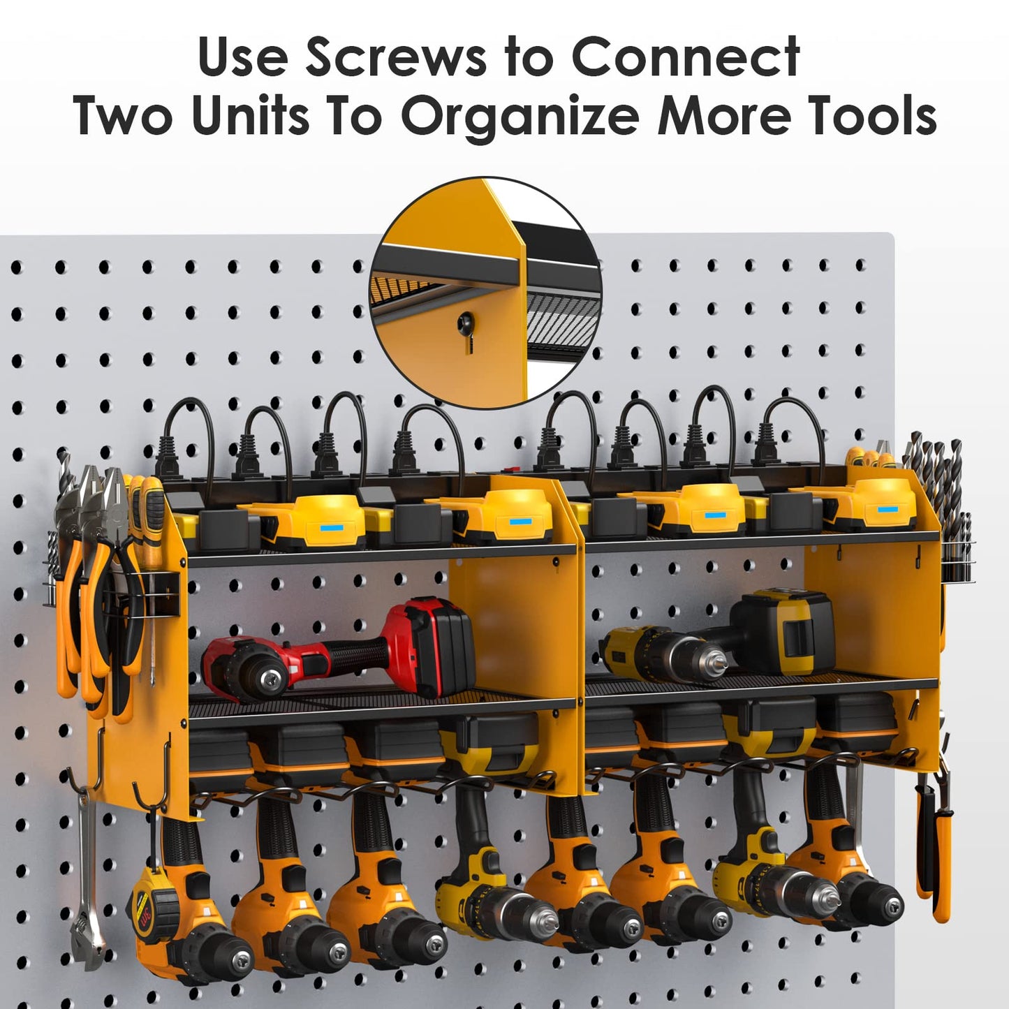 CCCEI Modular Power Tool Organizer Wall Mount with Charging Station. Garage Drill Storage Shelf with Hooks, Heavy Duty Rack, Tool Battery Holder Built in 8 Outlet. Gift for Men. Yellow, 1 Pack.