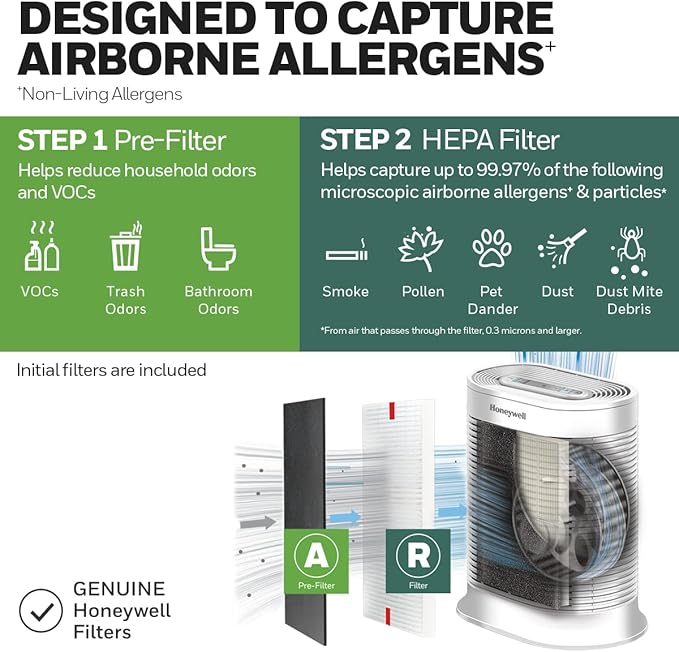 Honeywell AllergenPlus HEPA Air Purifier, Airborne Allergen Reducer for Extra Large Rooms, Reduces Allergens, Smoke, Wildfire Smoke, Pollen, Pet Dander and More, White, HPA304