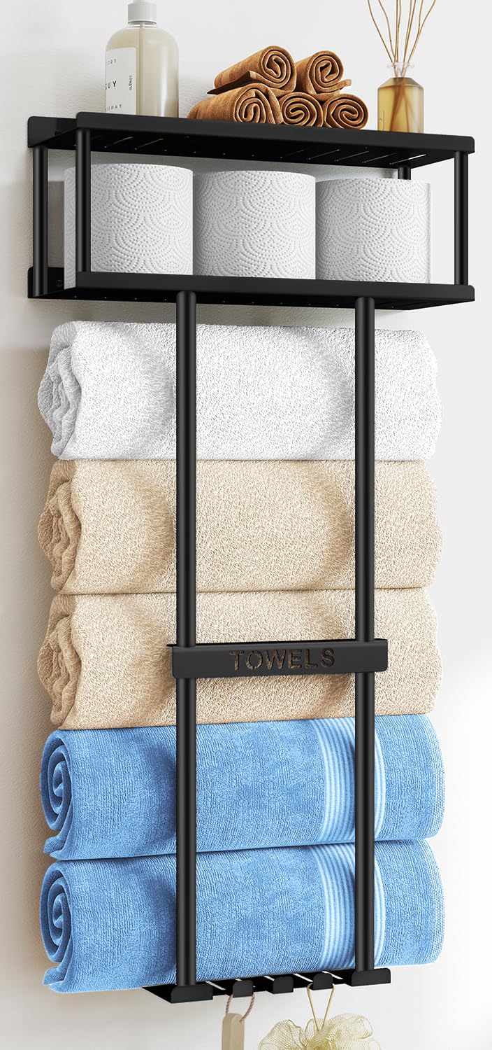 STWWO Bathroom Towel Storage Rack, Metal Towel Racks Wall Mounted Can Holds 5 Large Towels, 30.5IN Bathroom Towel Holder with Shelf & Storage Basket, Towel Organizer with 3 Hooks for RV, Apt, Black