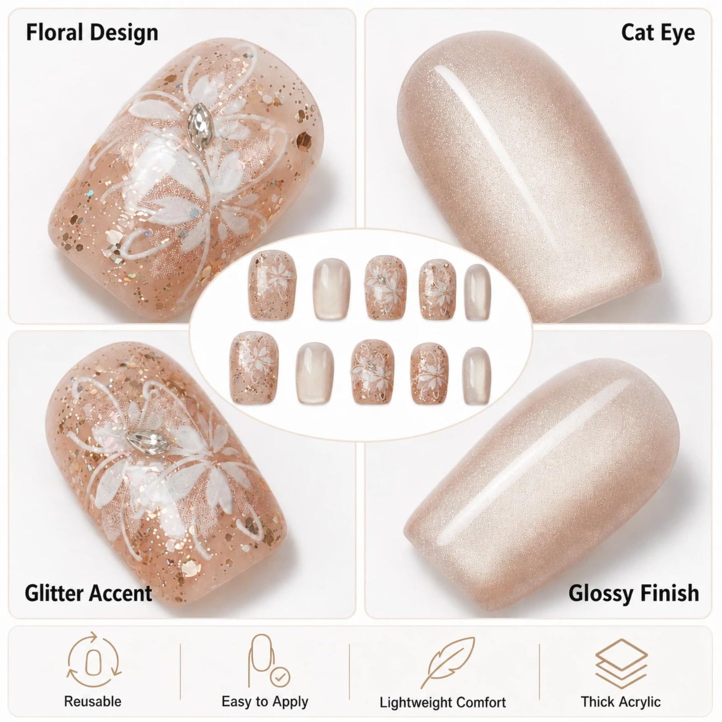 Tesytto Handmade Press on Nails Glitter Short Coffin, Nude Pink with Flower & Butterfly Pattern, Reusable Full Cover False Nails 10Pcs (Warm Glossy Dream,S)