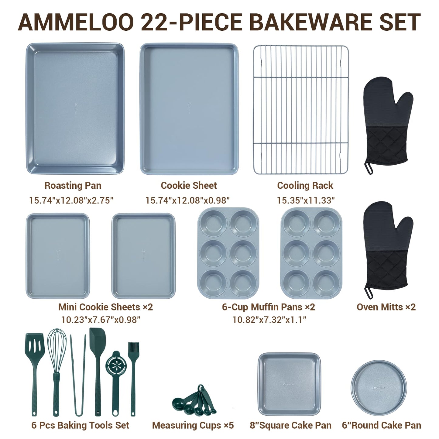 Ammeloo 22-Piece Baking Pans Set Stackable Bakeware Non Stick Baking Set Non Toxic Oven Pans, Including Roasting Pan, Cookie Sheets, Muffin Pans, Cake Pans, Oven Mitt and Utensils(Gray & Hunter Green)