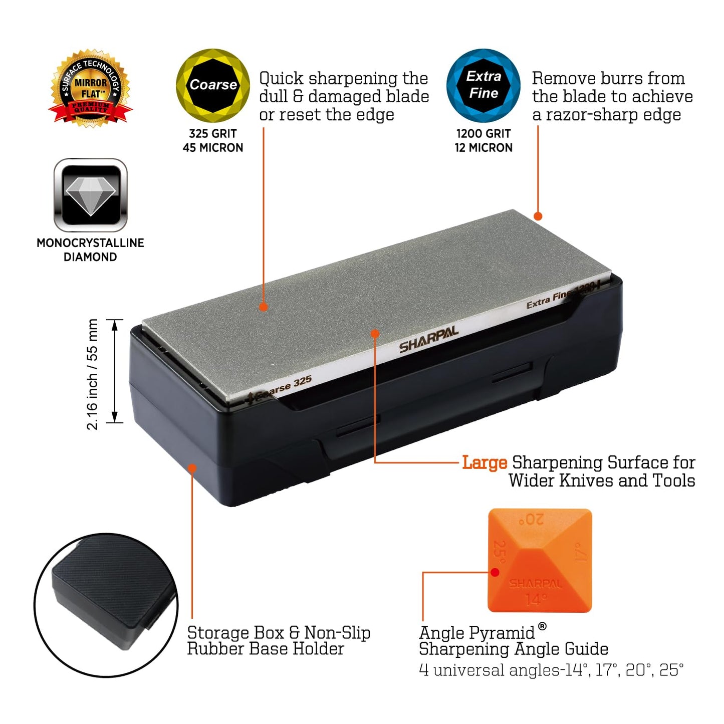 SHARPAL 162N Double-sided Diamond Sharpening Stone Whetstone Knife Sharpener |Coarse 325 / Extra Fine 1200 Grit | Storage Case with NonSlip Base & Angle Guide (8 in. x 3 in.) Mothers Day Gifts