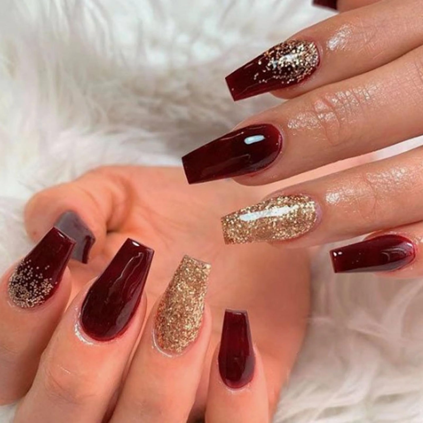 MISUD Press on Nails - Long Coffin Glue on Nails with Wine Red Burgundy, Acrylic Bling Gold Glitter Design 24 pcs