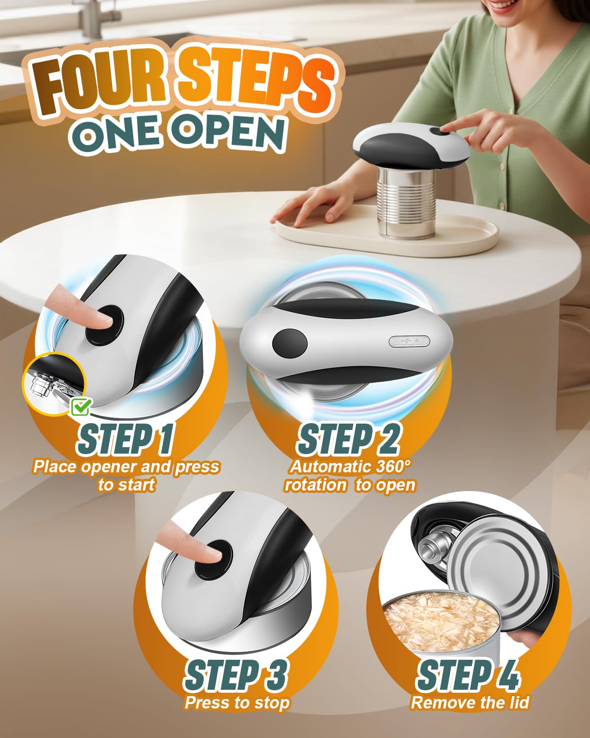 Zoomsnail Electric Can Opener, Automatic Rechargeable Can Openers with One-Touch Smooth Edge & Magnetic Lid - Hands-Free Easy-Grip Opener for Seniors with Arthritis and Most Cans