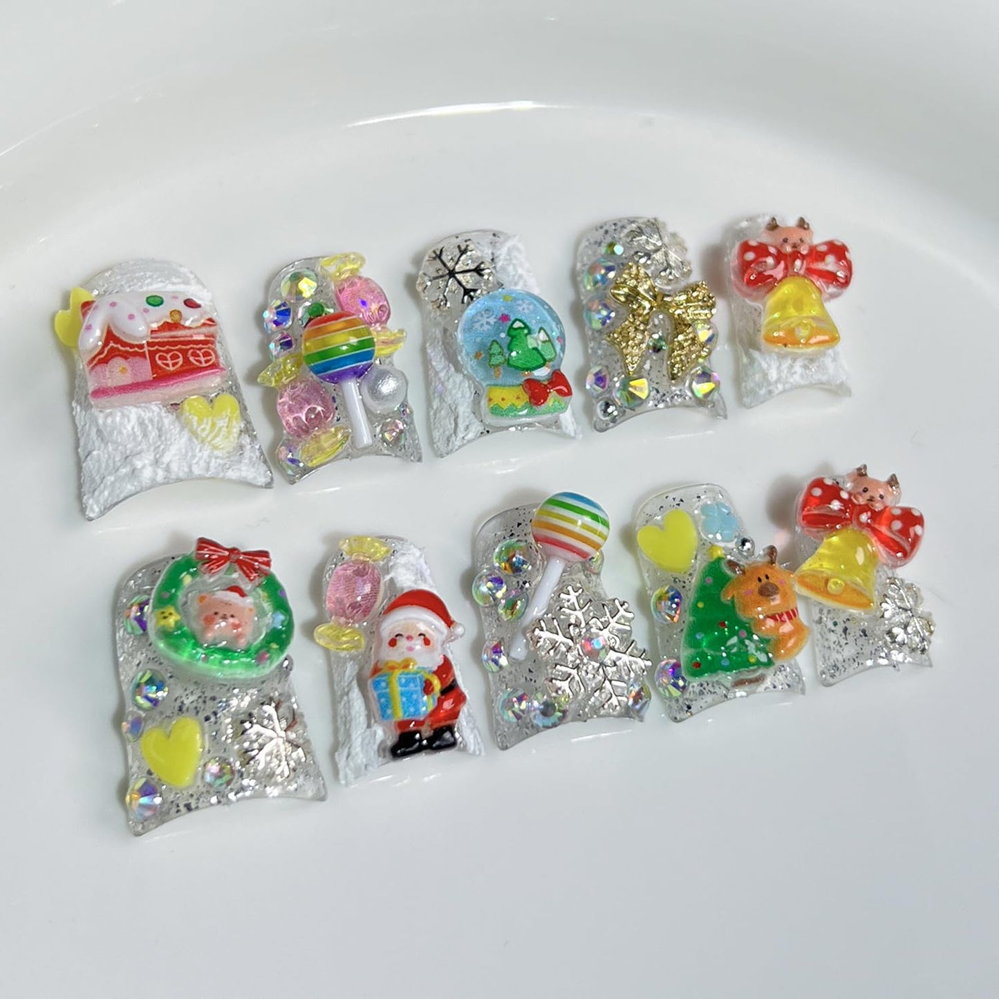 Christmas Press on Nails Handmade Fake Nails Short Duck Thick Acrylic Nail Cute False Nails with Bow Santa Lollipop Charms Glitter Designs Winter Sturdy Nail Art Press on Nails 10Pcs(M)