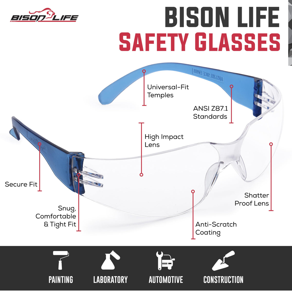 Clear Lens Blue Temple Safety Glasses Bulk 6 Pack (6 Count)