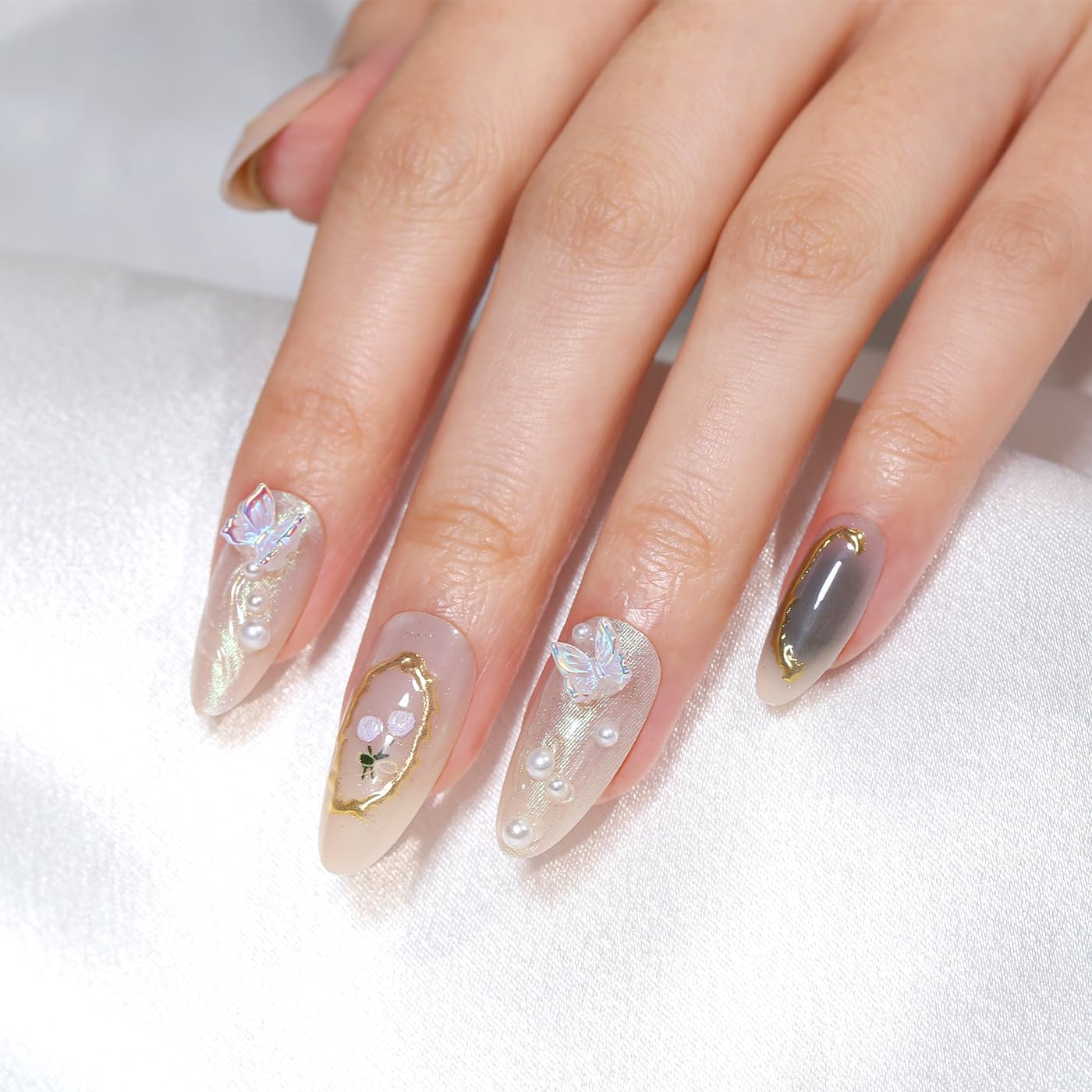 Goolich Medium Almond Chrome Gold Line Press On Nails, 3D Bead Butterfly Charms Decoration Nails Press ons Set with Adhesive Tabs, 24 Pcs 12 Size Reusable Full Cover Glue on Nails for Women